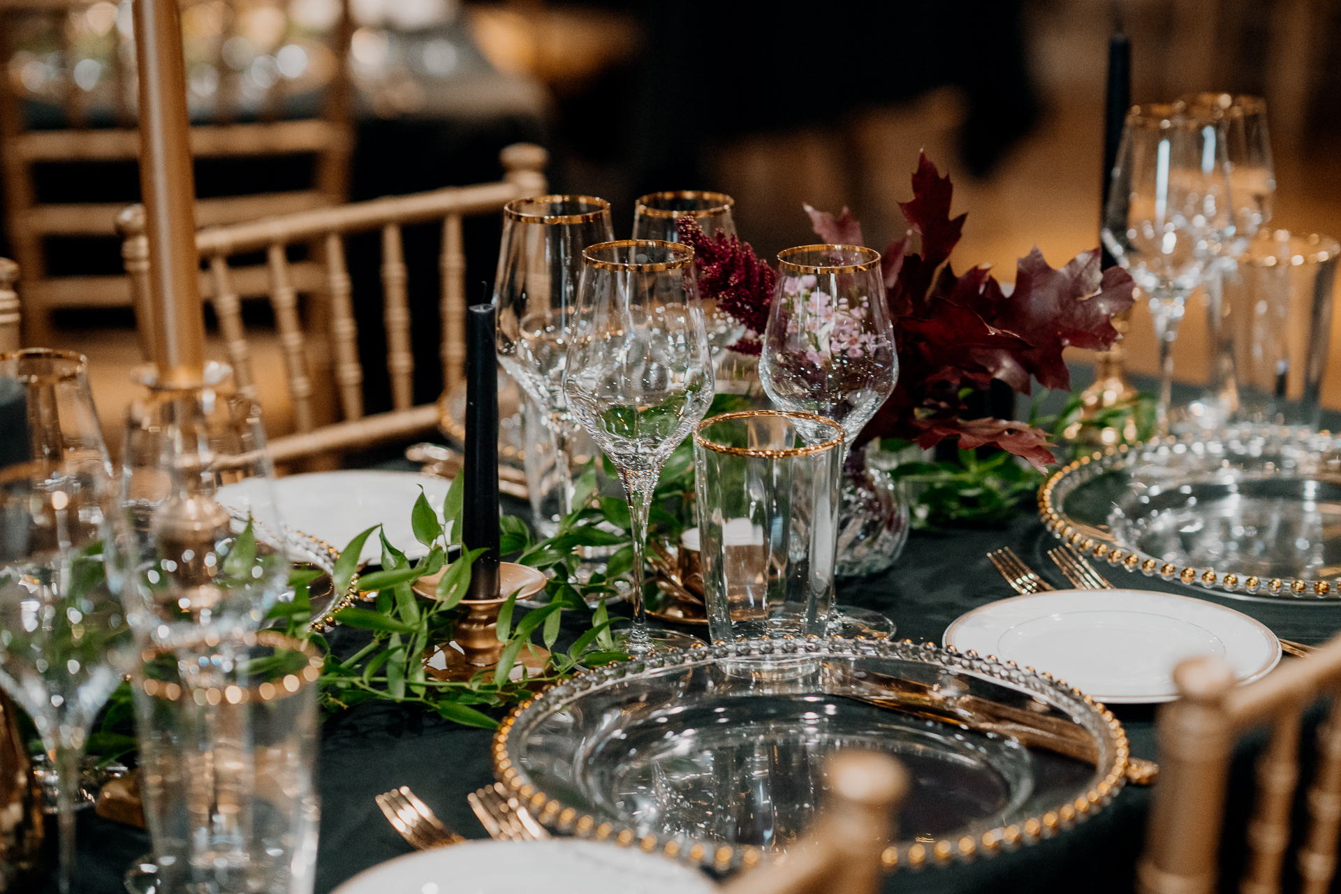 A table with plates and glasses