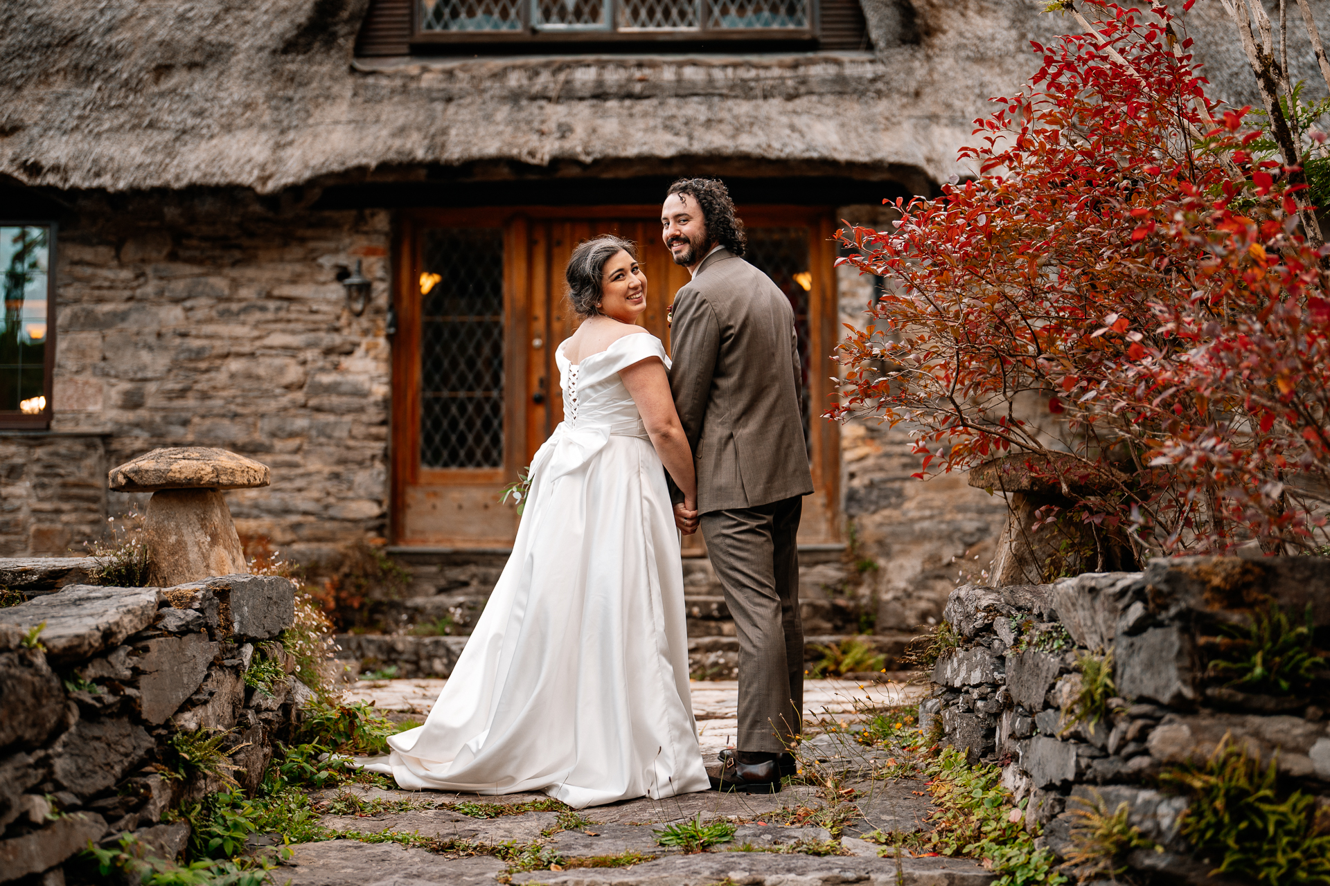 A man and woman in wedding attire