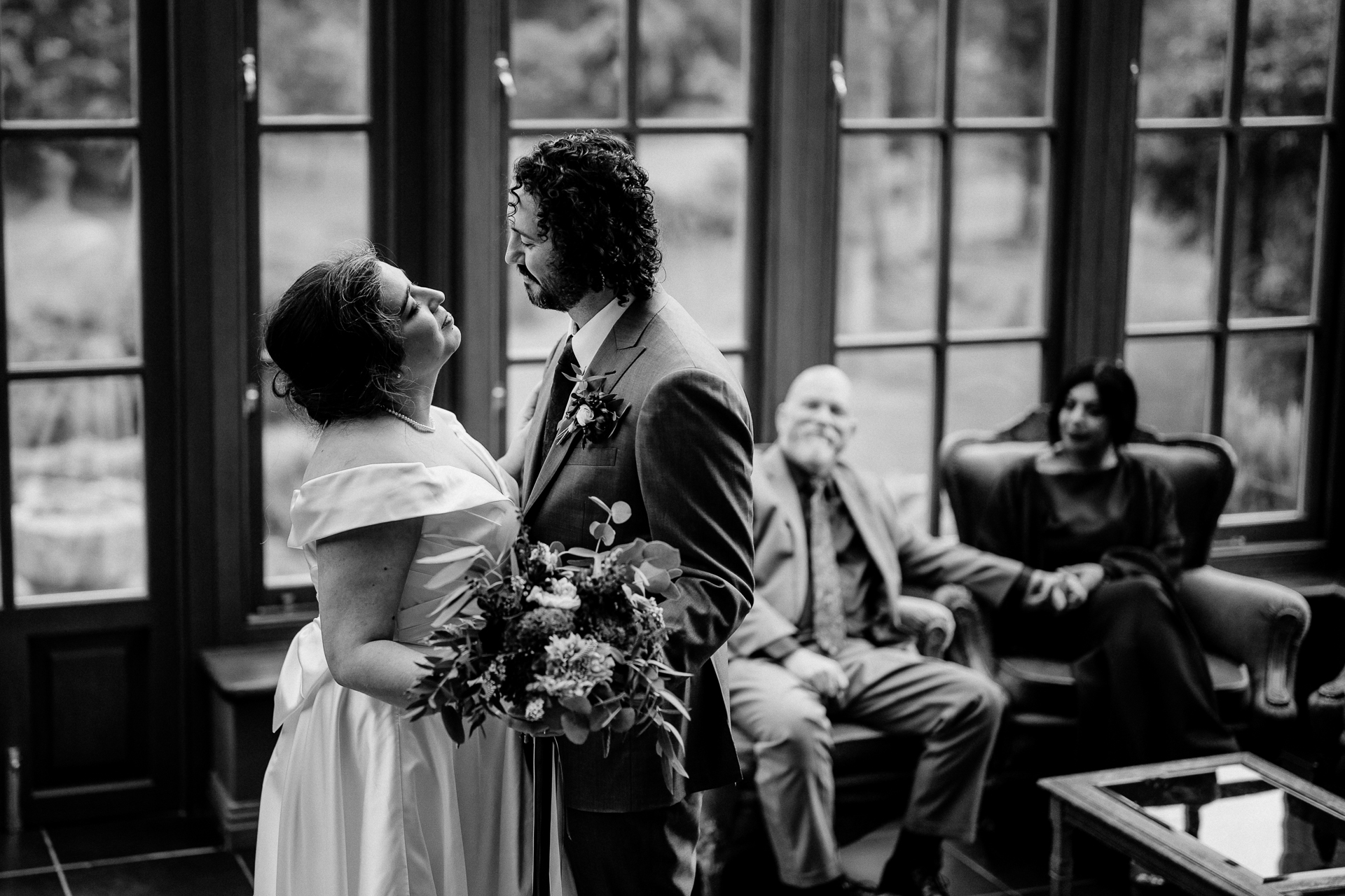 A bride and groom kissing