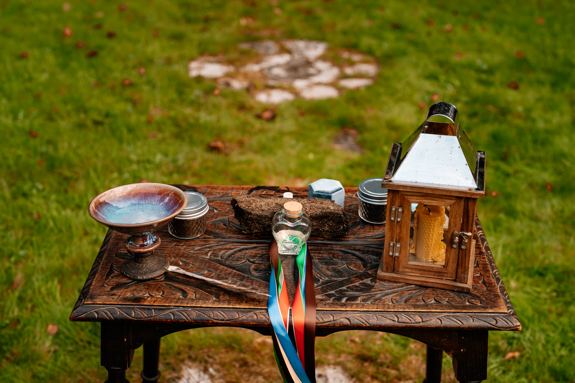 A table with a wood table and bowls on it