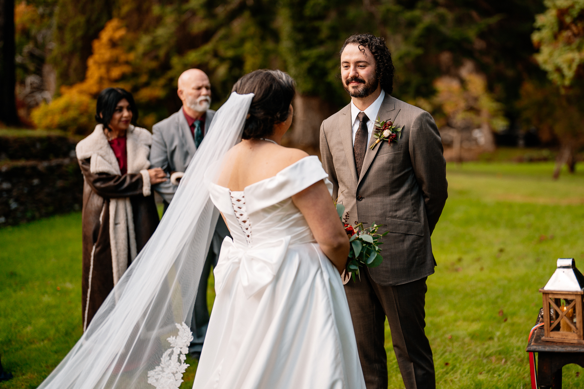 A bride and groom walking down the aisle