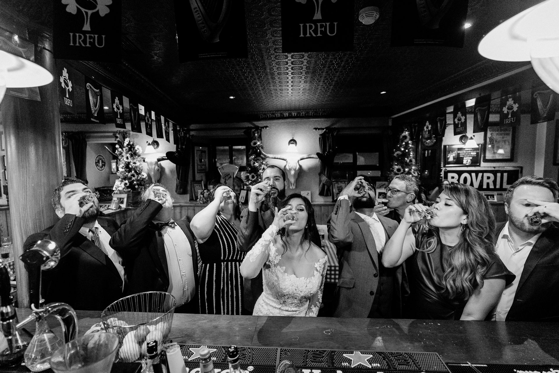 A group of people in a bar