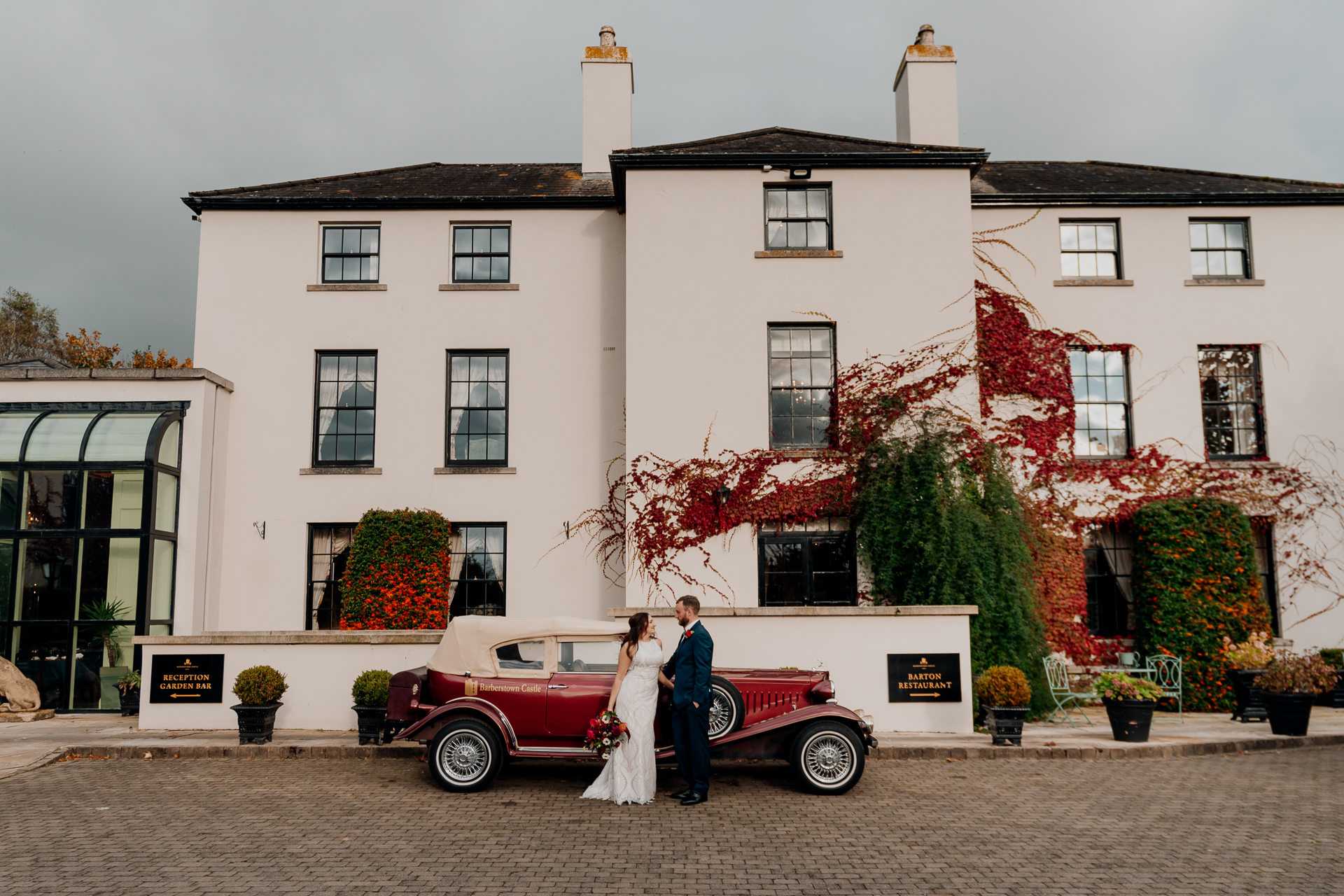 Bride and groom's romantic photo session in the garden of Barberstown Castle.