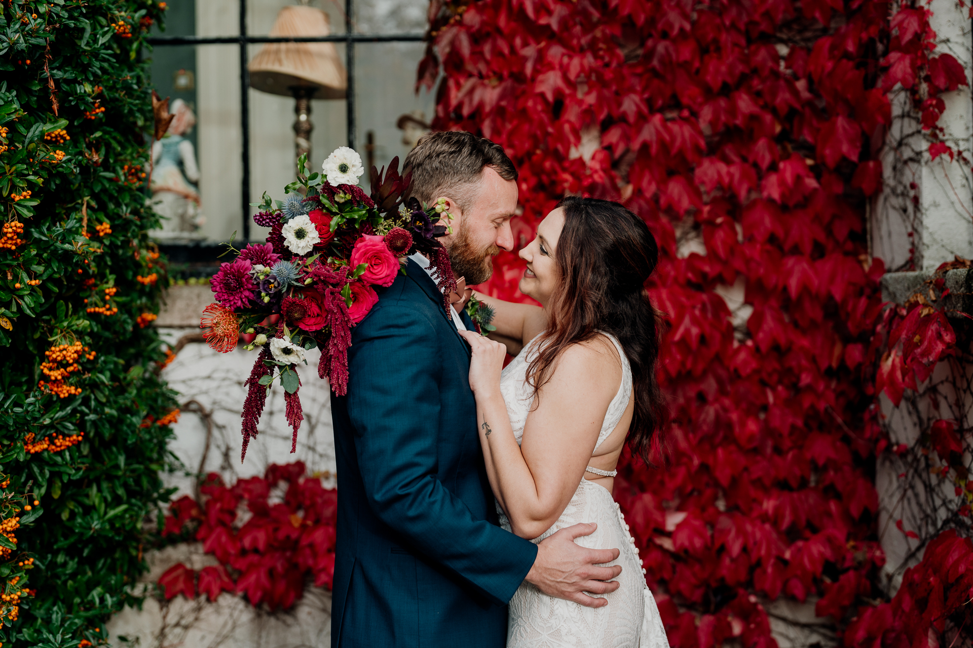 Bride and groom's romantic photo session in the garden of Barberstown Castle.