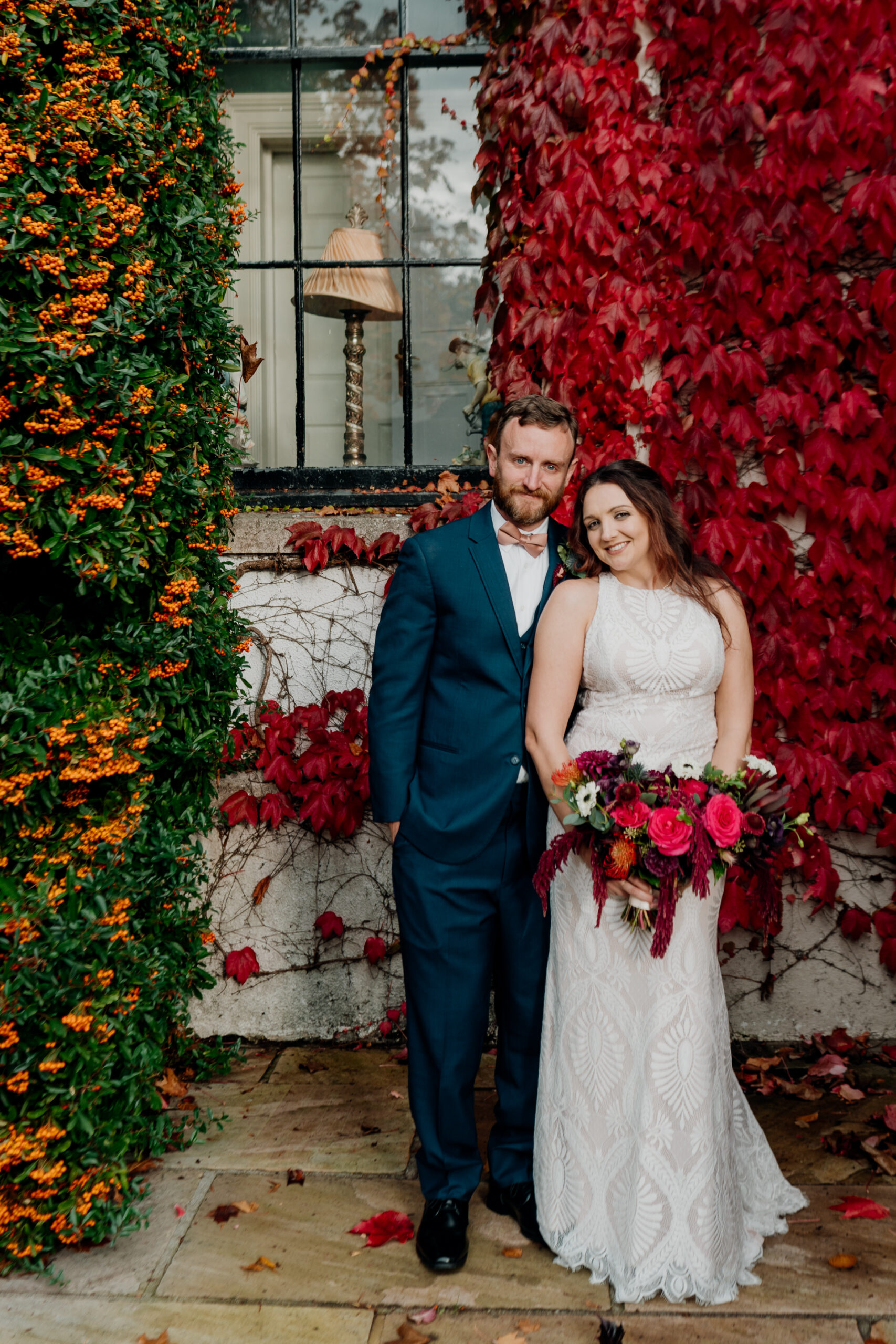 Bride and groom's romantic photo session in the garden of Barberstown Castle.