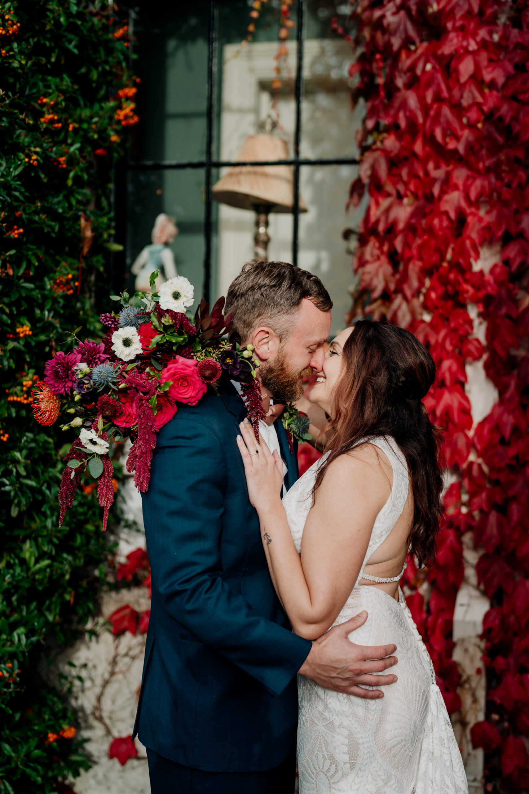 Bride and groom's romantic photo session in the garden of Barberstown Castle.