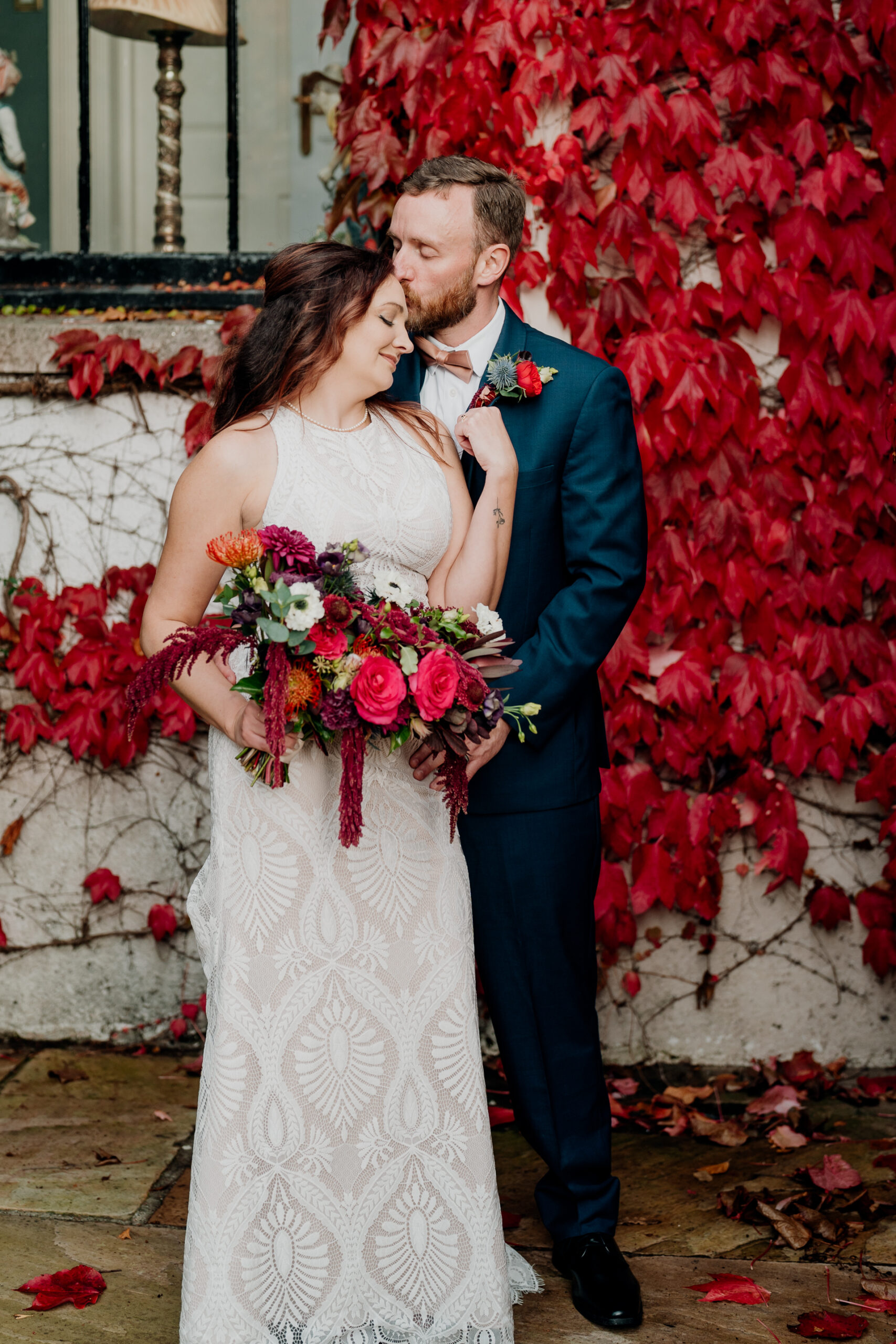 Bride and groom's romantic photo session in the garden of Barberstown Castle.