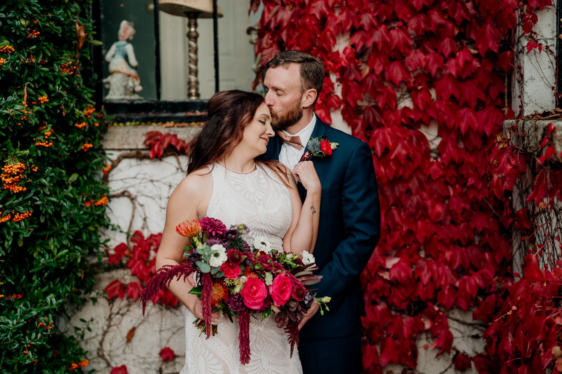 Bride and groom's romantic photo session in the garden of Barberstown Castle.