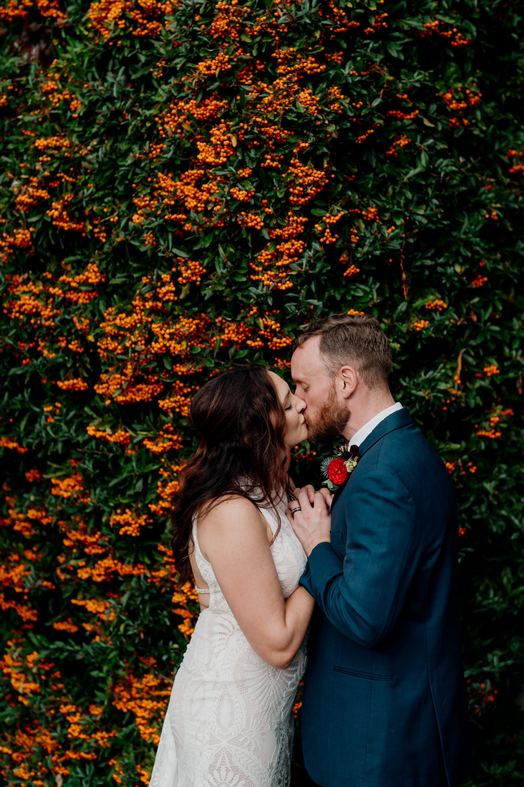 Bride and groom's romantic photo session in the garden of Barberstown Castle.