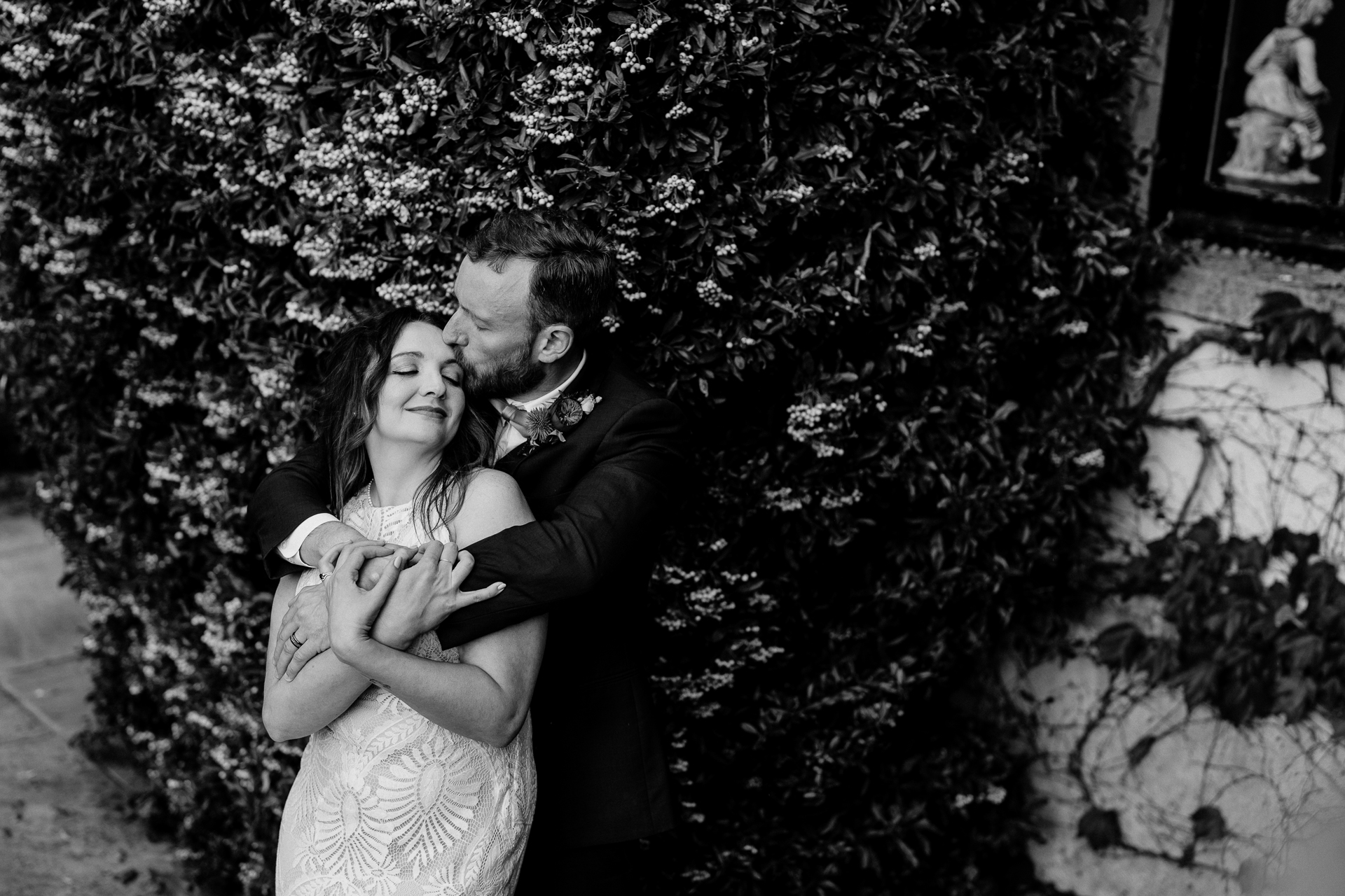 Bride and groom's romantic photo session in the garden of Barberstown Castle.