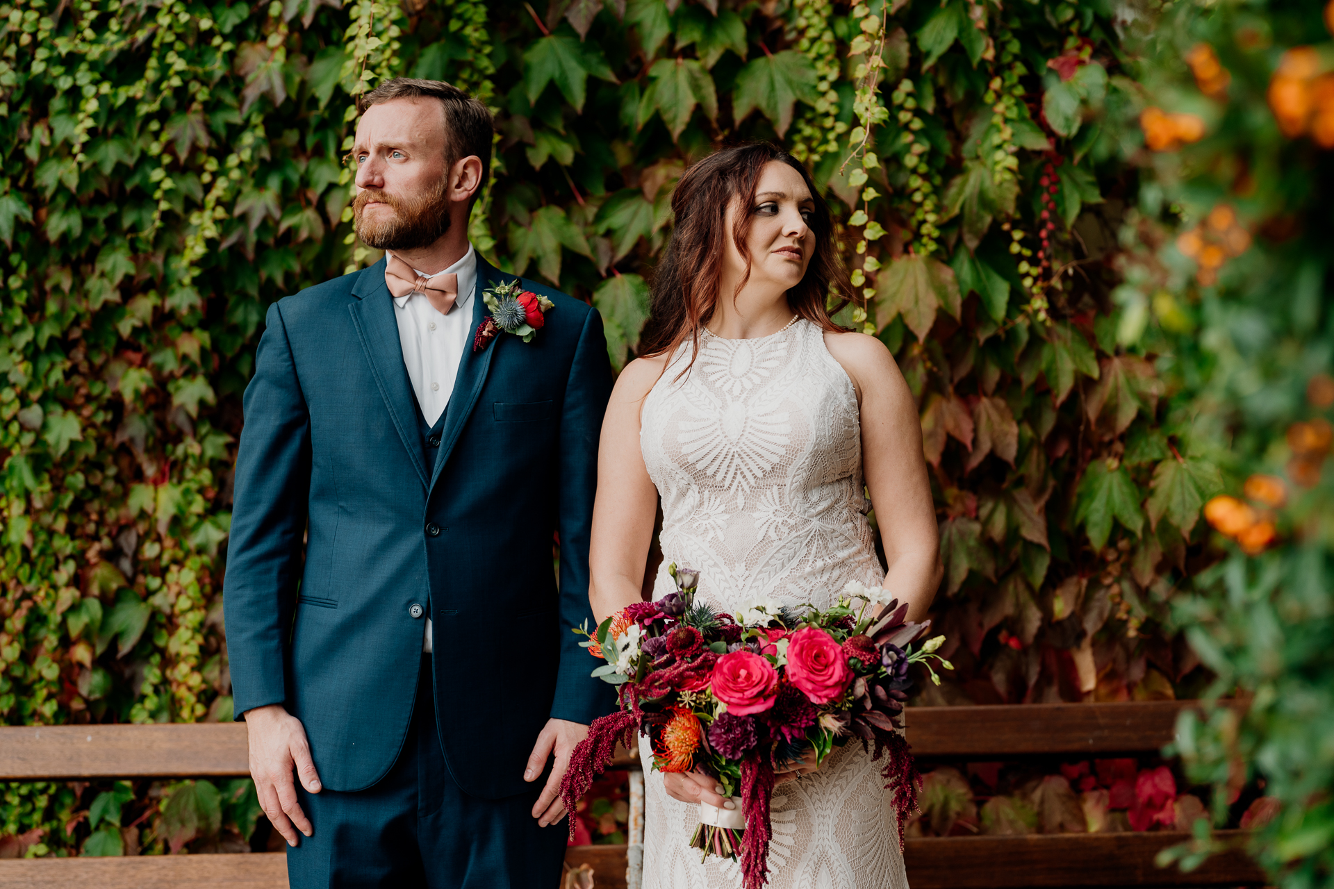 Bride and groom's romantic photo session in the garden of Barberstown Castle.