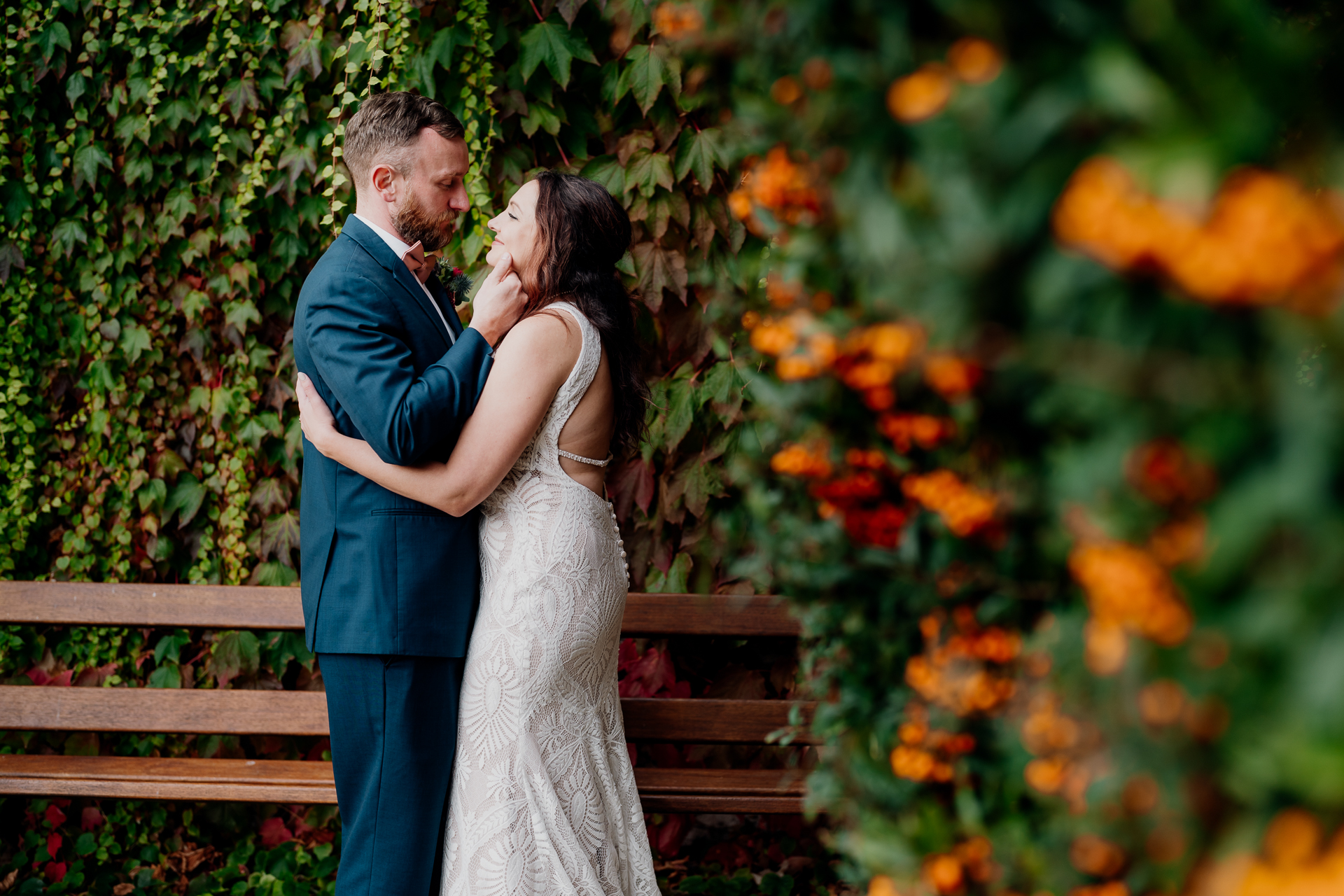 Bride and groom's romantic photo session in the garden of Barberstown Castle.