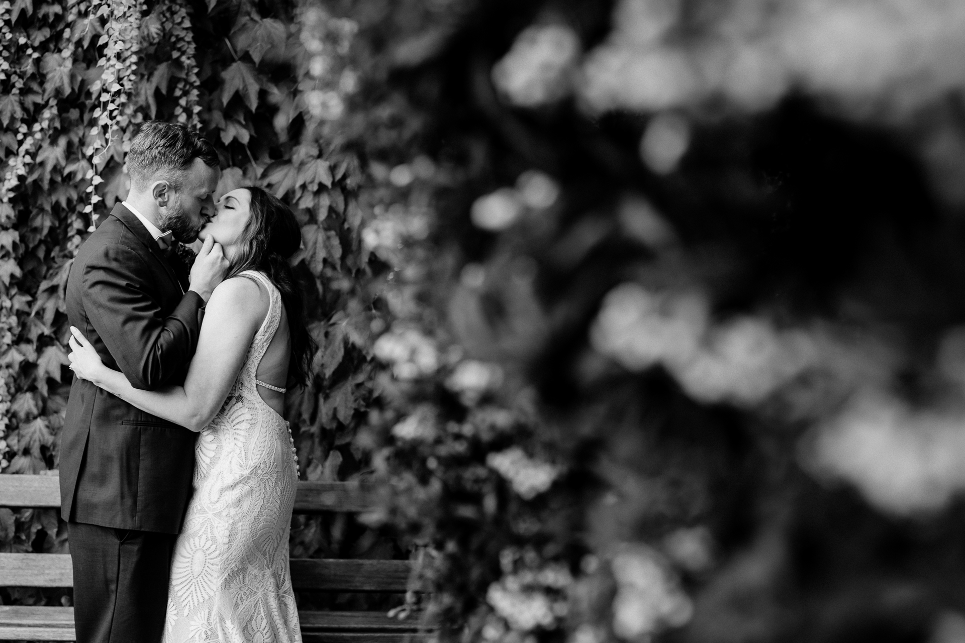 Bride and groom's romantic photo session in the garden of Barberstown Castle.