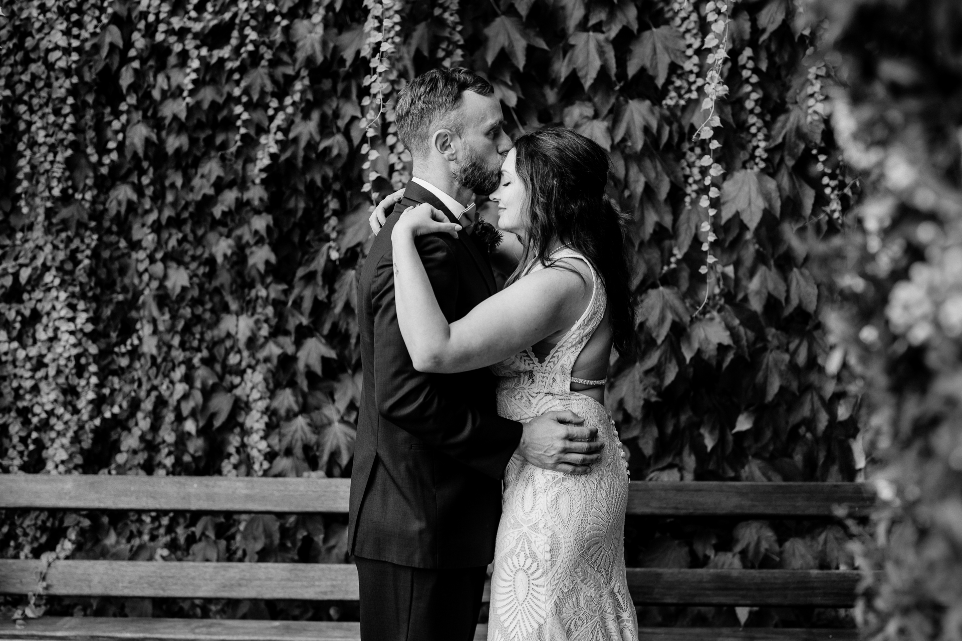 Bride and groom's romantic photo session in the garden of Barberstown Castle.