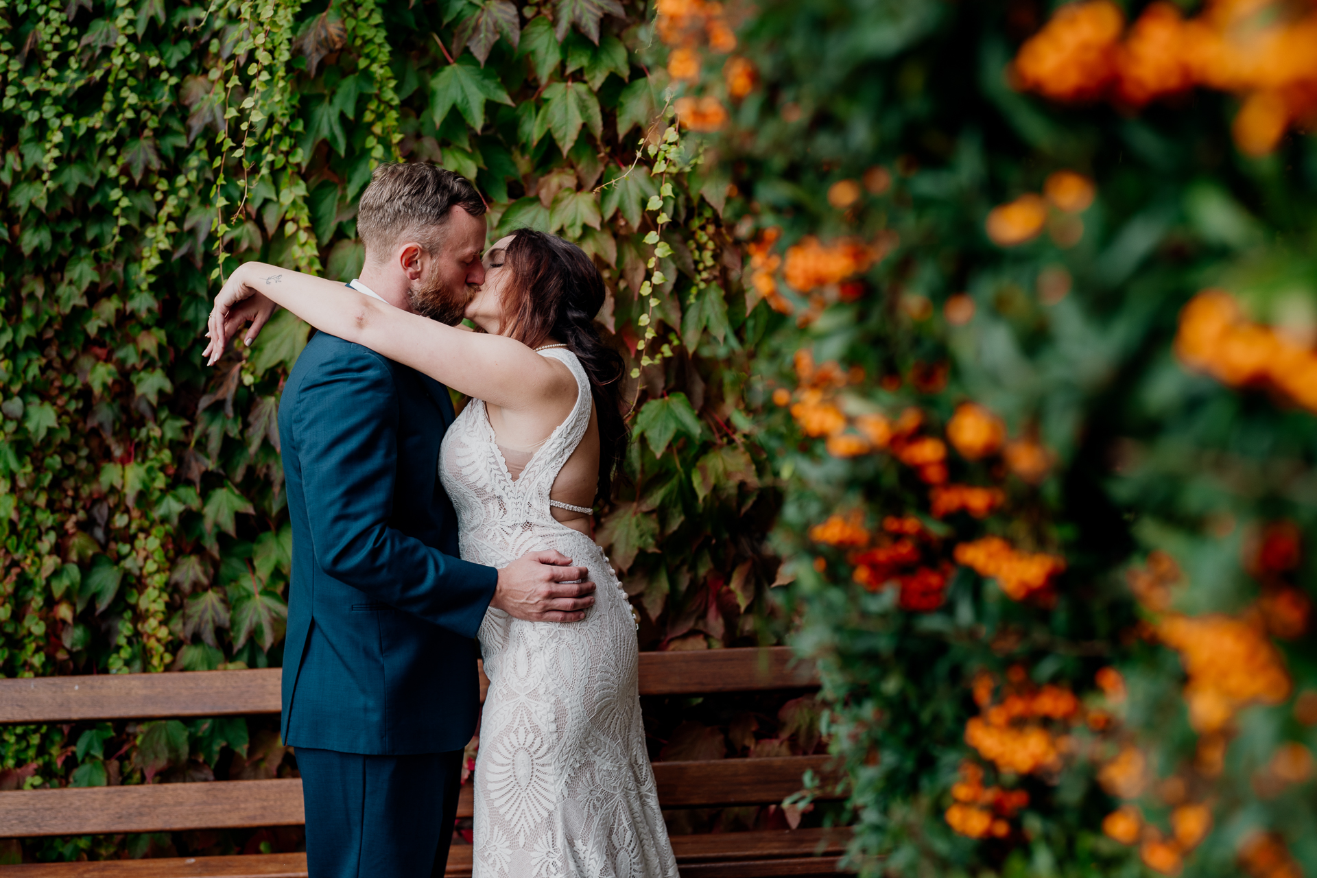 Bride and groom's romantic photo session in the garden of Barberstown Castle.