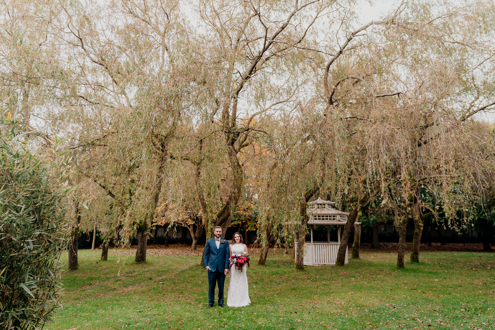 Bride and groom's romantic photo session in the garden of Barberstown Castle.