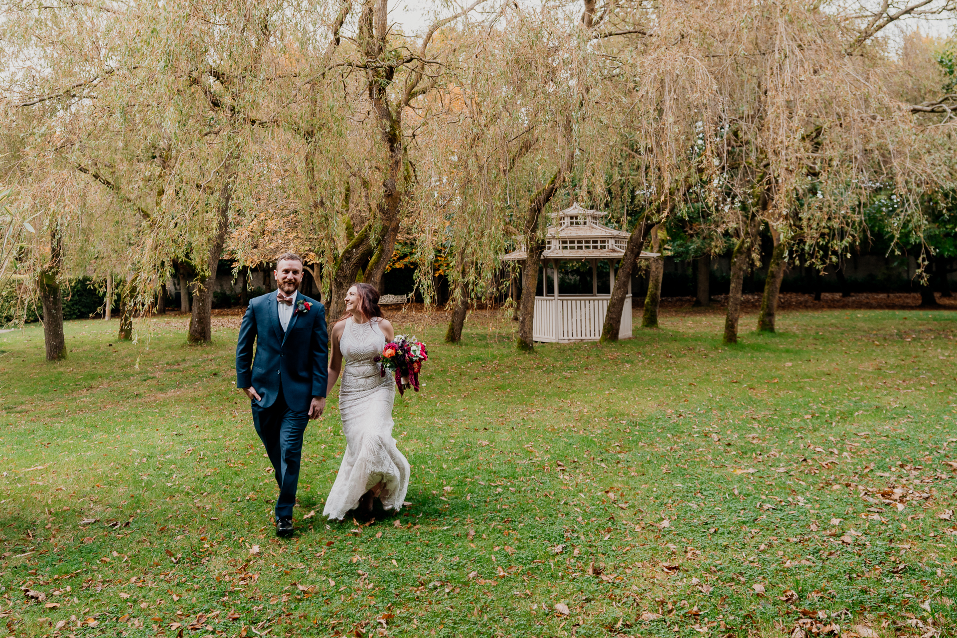 Bride and groom's romantic photo session in the garden of Barberstown Castle.