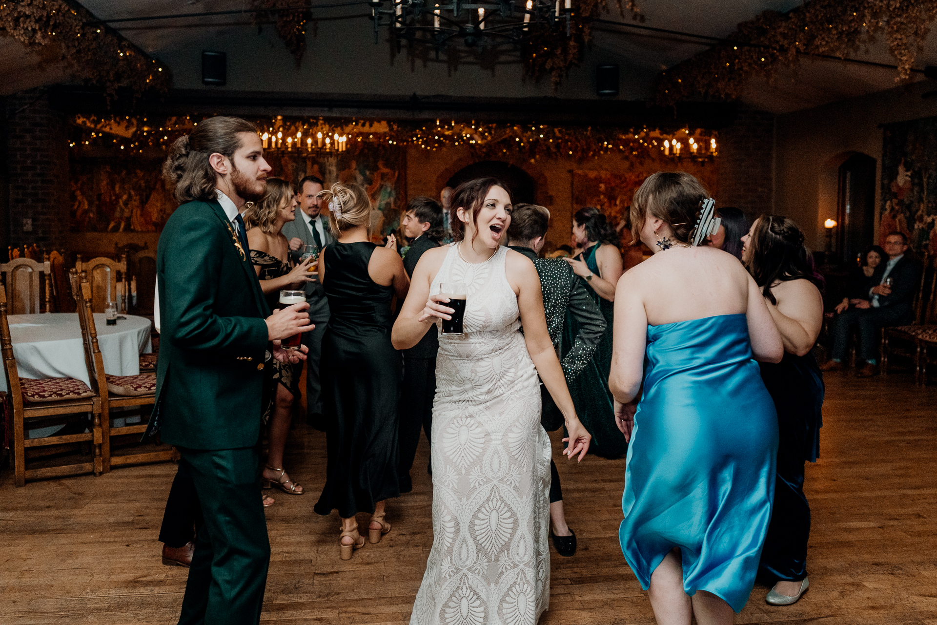 Lively wedding dance floor moments at Barberstown Castle.