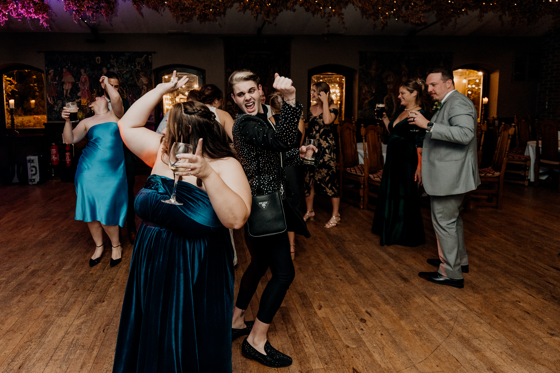 Lively wedding dance floor moments at Barberstown Castle.