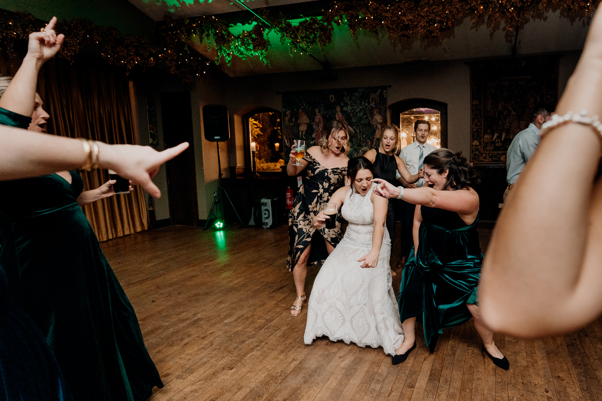 Lively wedding dance floor moments at Barberstown Castle.