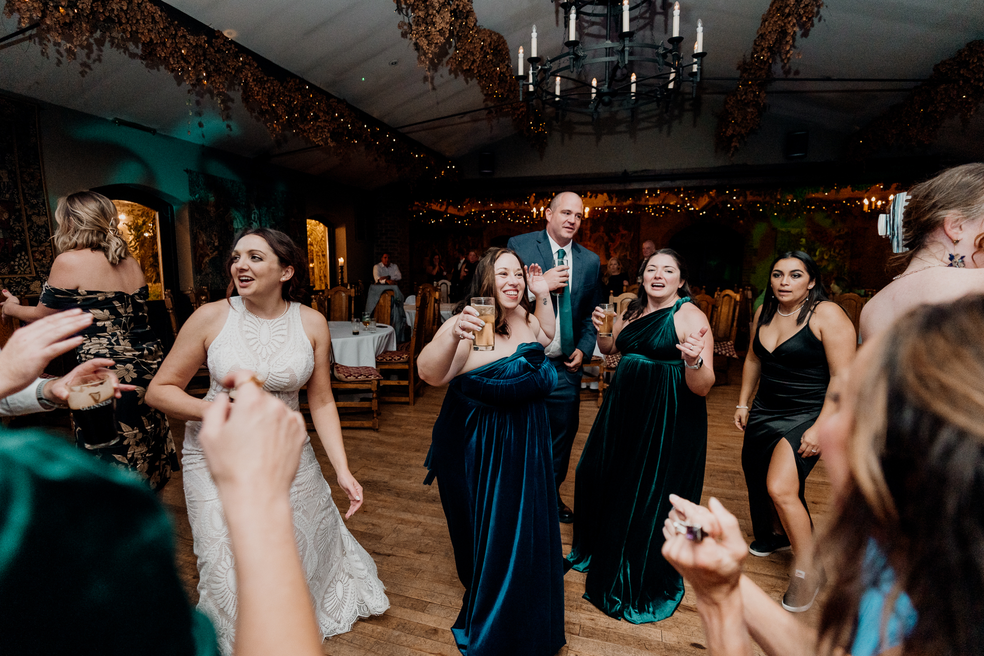 Lively wedding dance floor moments at Barberstown Castle.