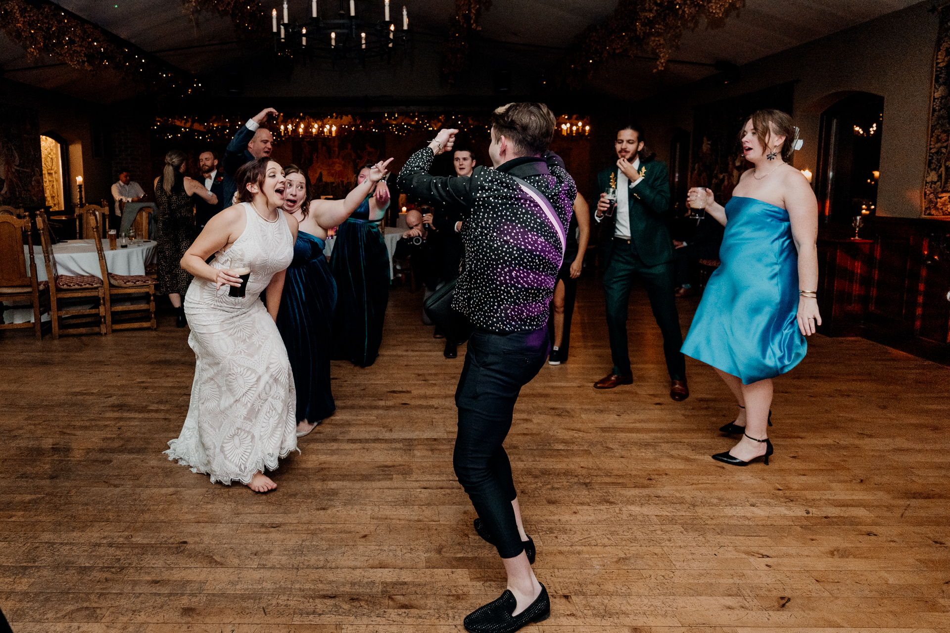 Lively wedding dance floor moments at Barberstown Castle.