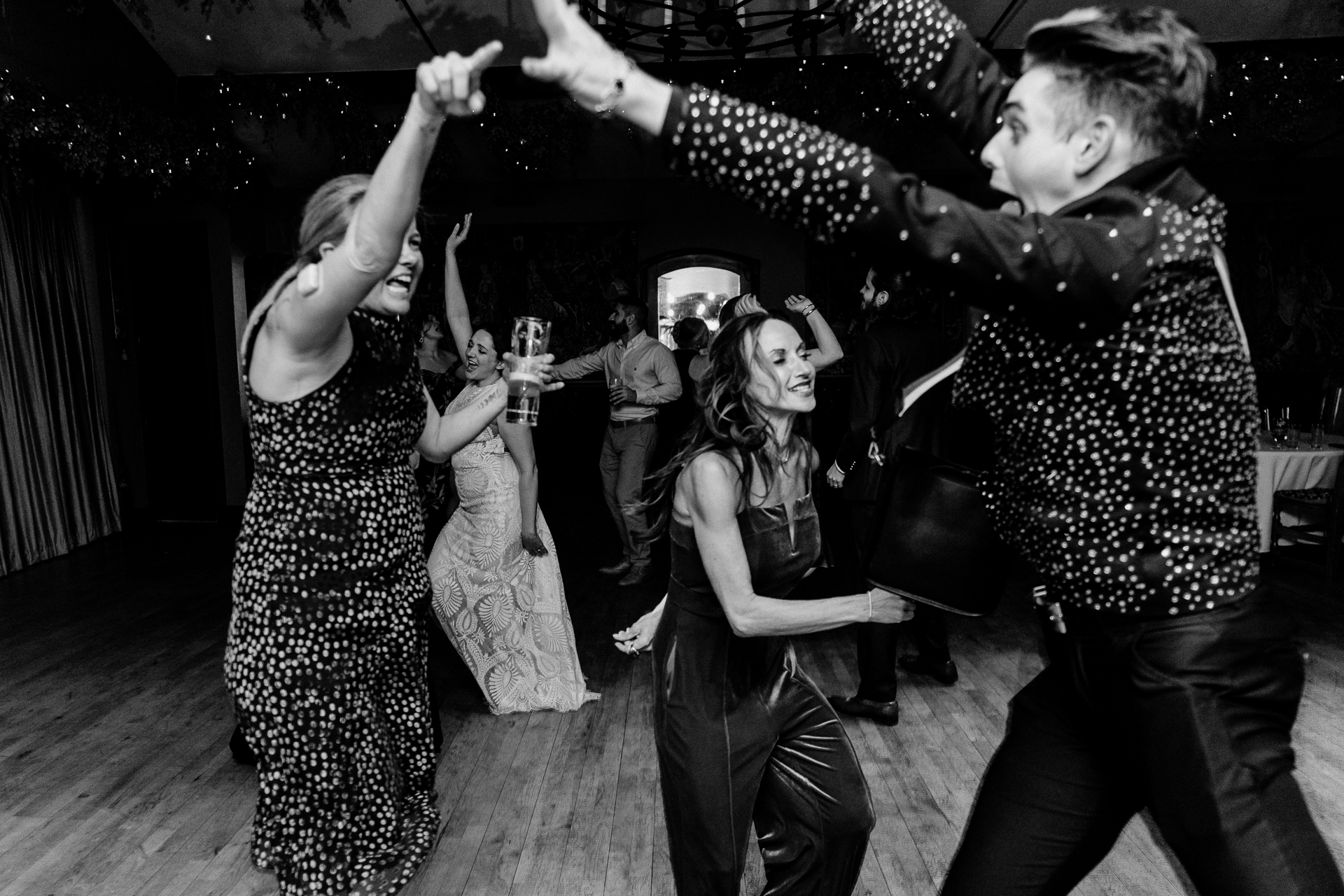 Lively wedding dance floor moments at Barberstown Castle.