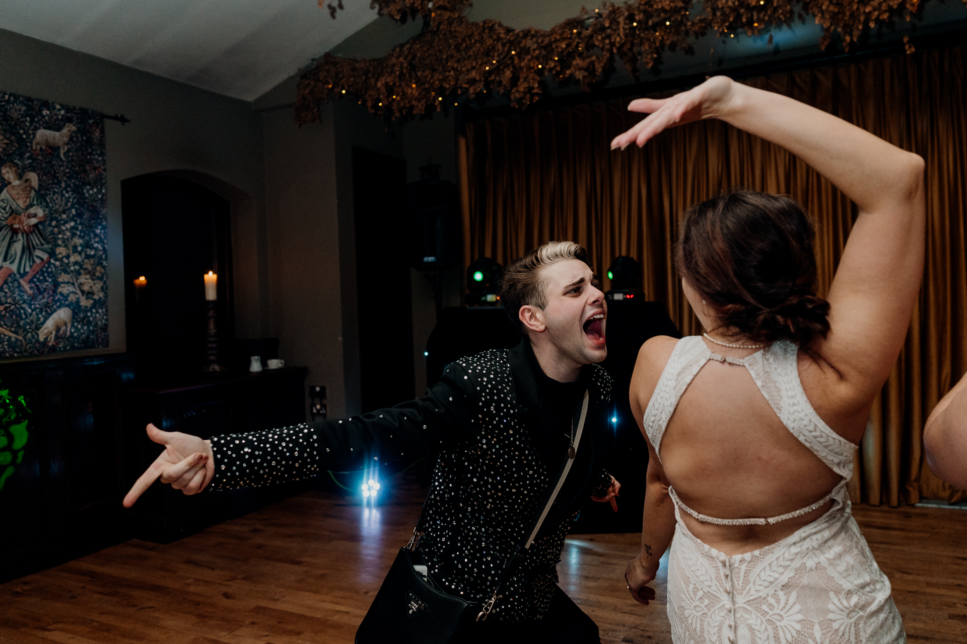 Lively wedding dance floor moments at Barberstown Castle.