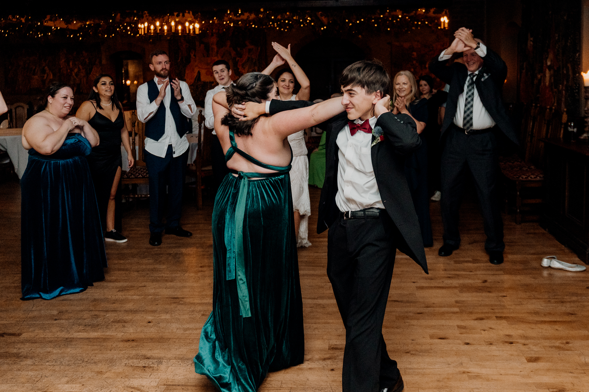 Lively wedding dance floor moments at Barberstown Castle.