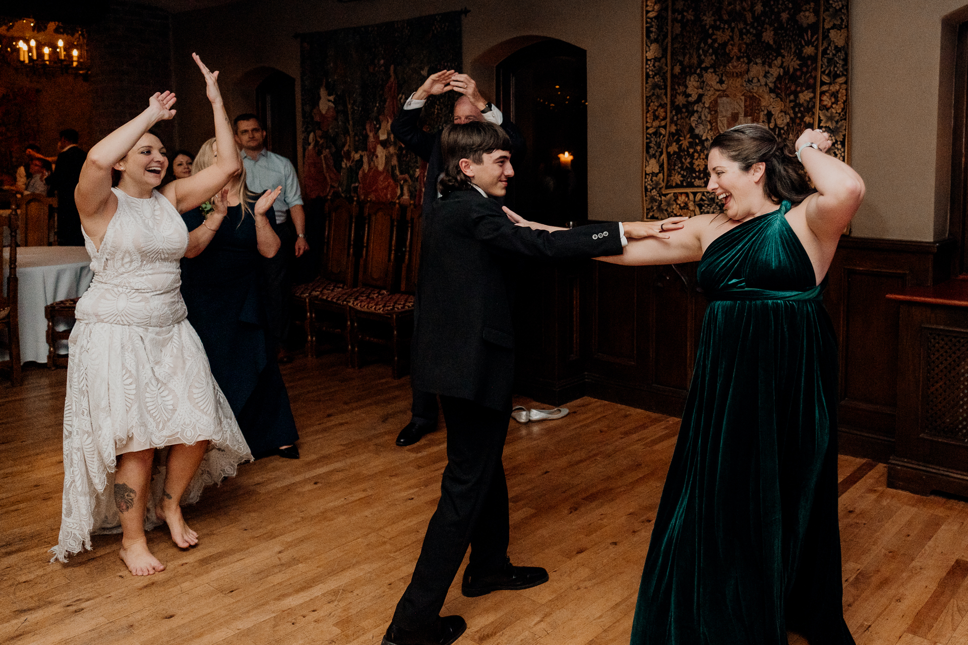 Lively wedding dance floor moments at Barberstown Castle.