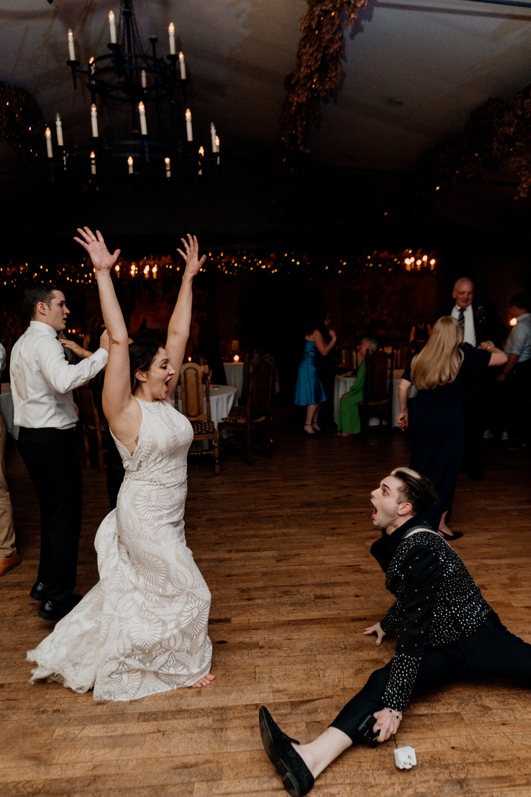 Lively wedding dance floor moments at Barberstown Castle.