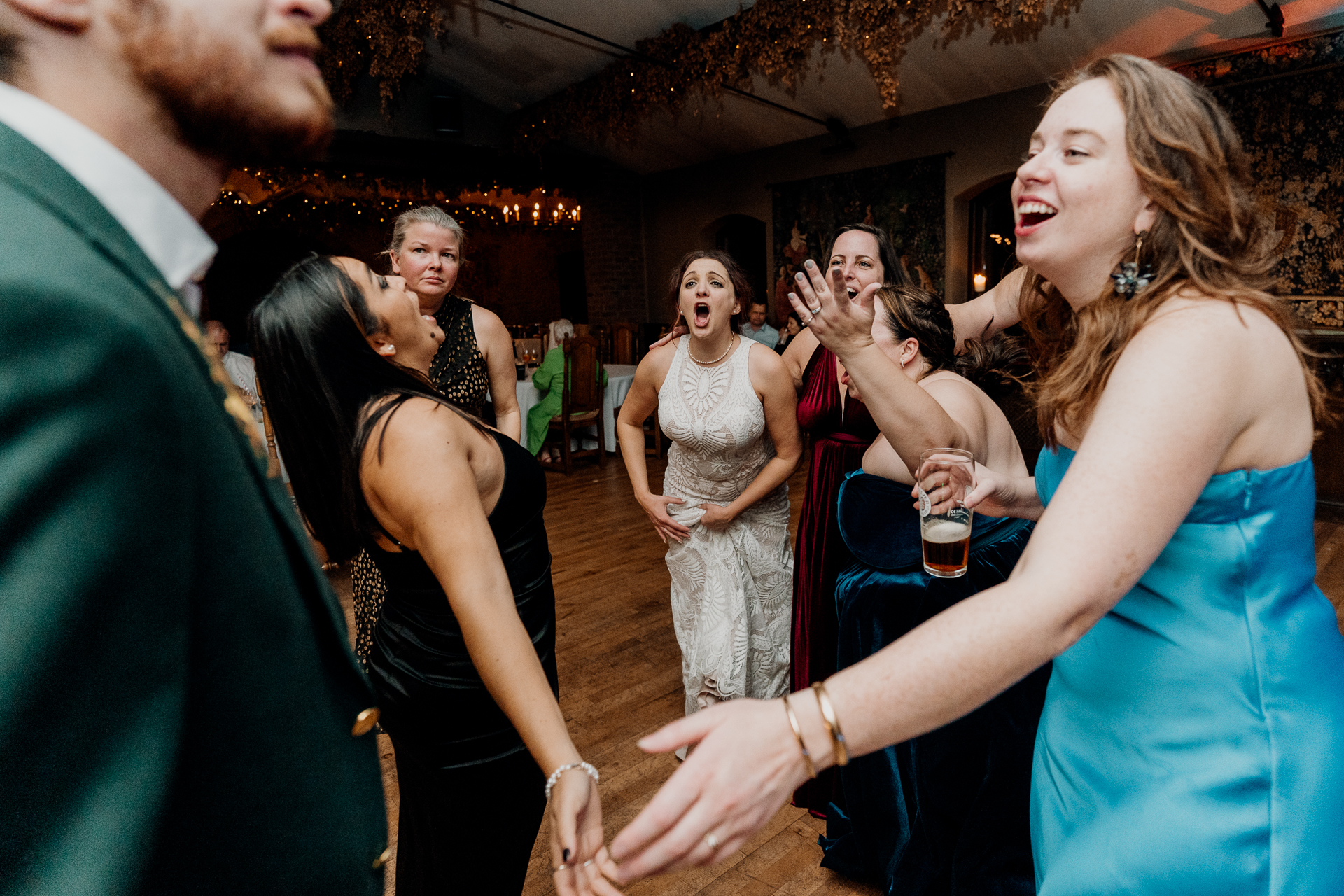 Lively wedding dance floor moments at Barberstown Castle.