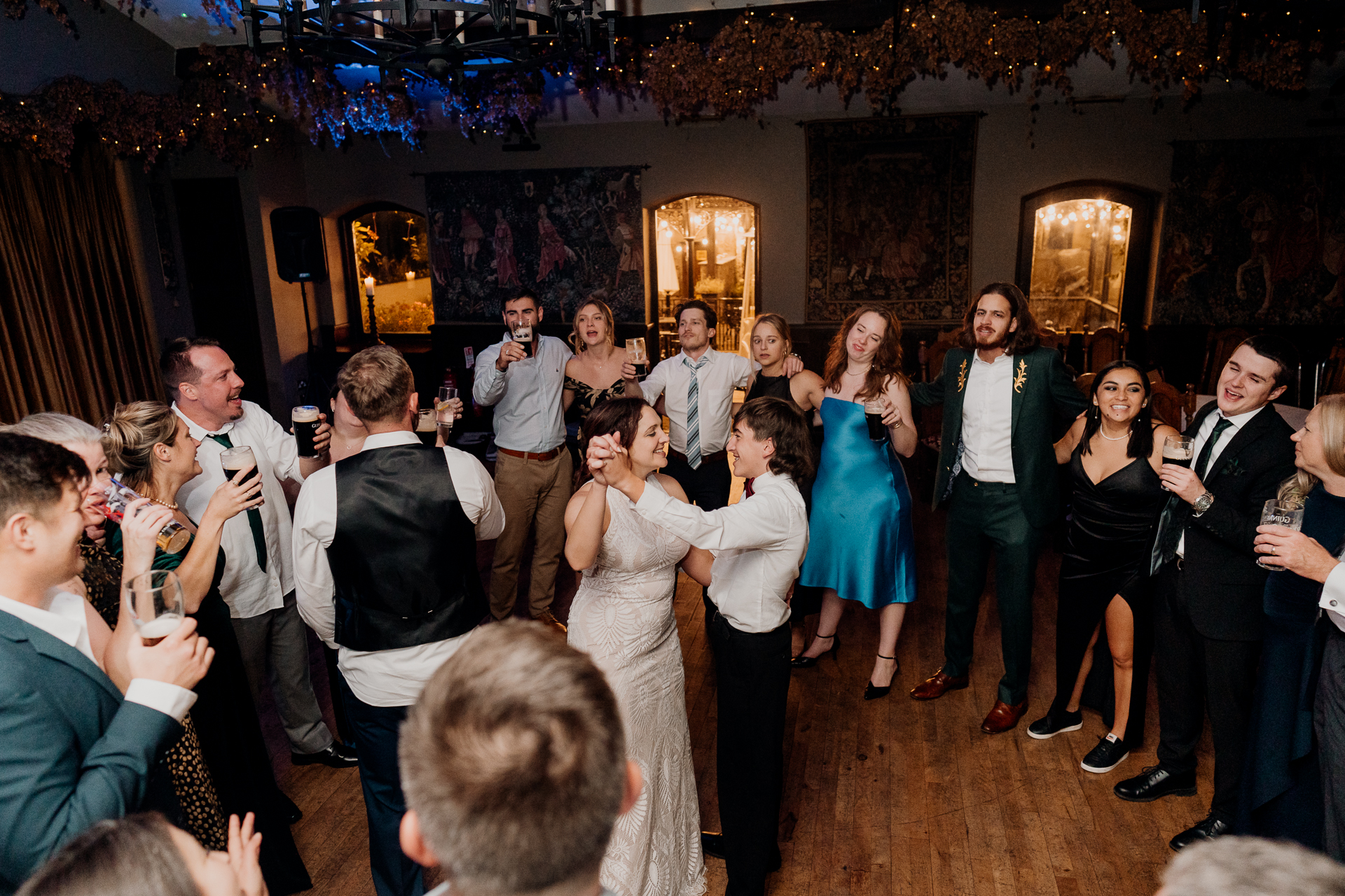 Lively wedding dance floor moments at Barberstown Castle.