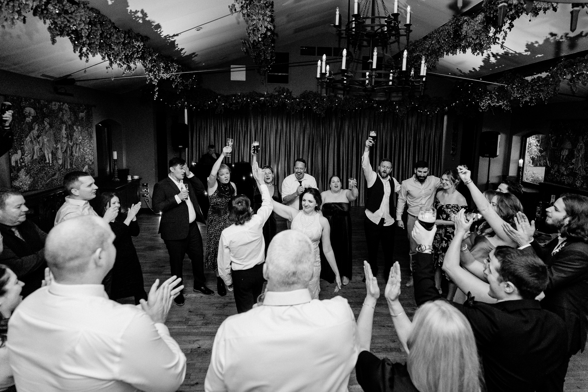 Lively wedding dance floor moments at Barberstown Castle.