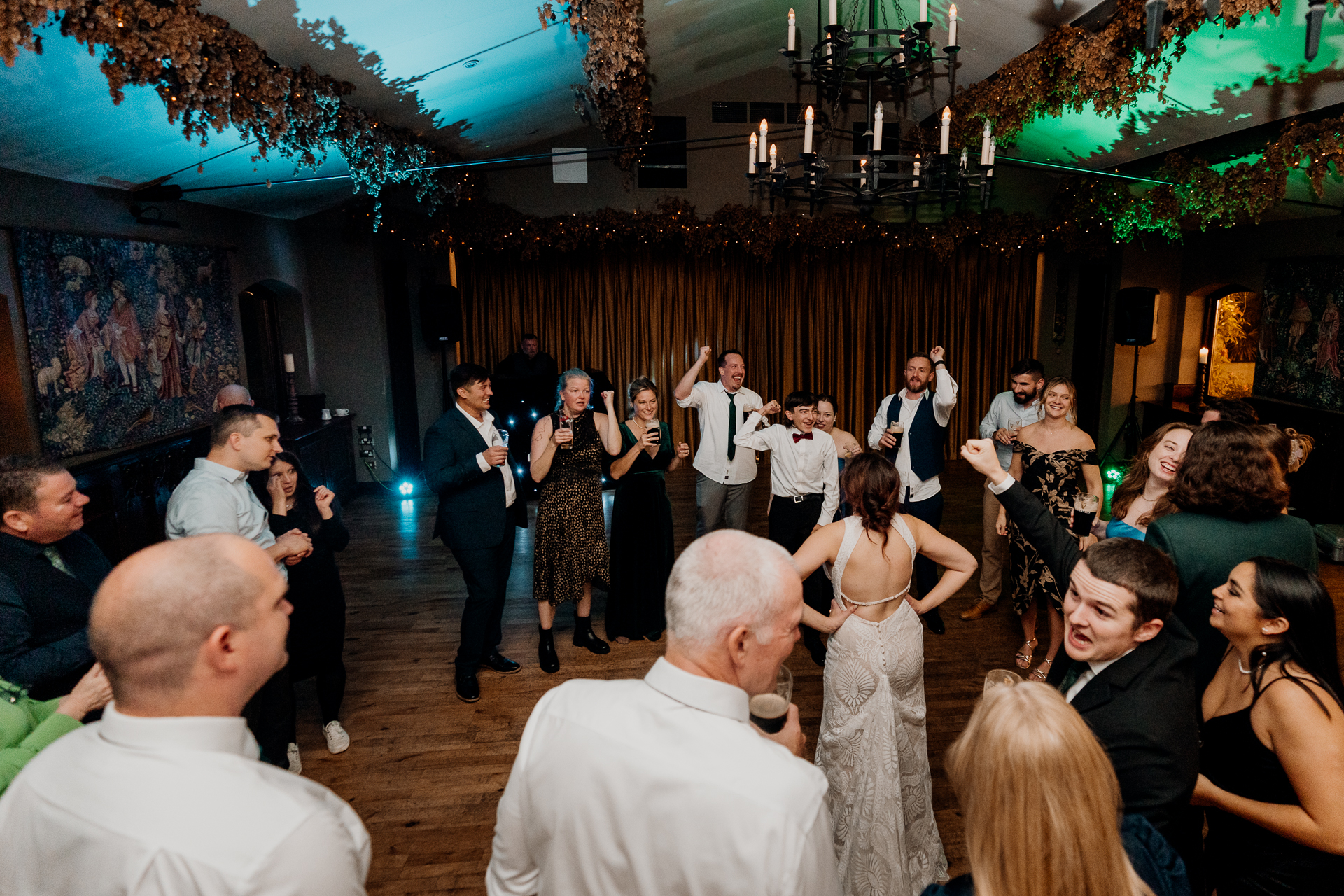 Lively wedding dance floor moments at Barberstown Castle.