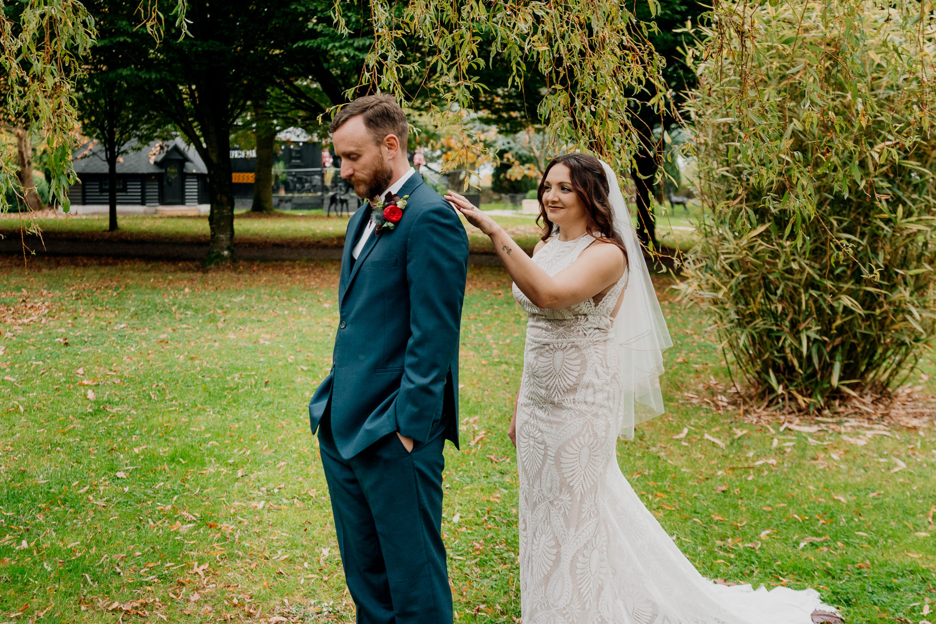 Emotional first look between bride and groom at Barberstown Castle.