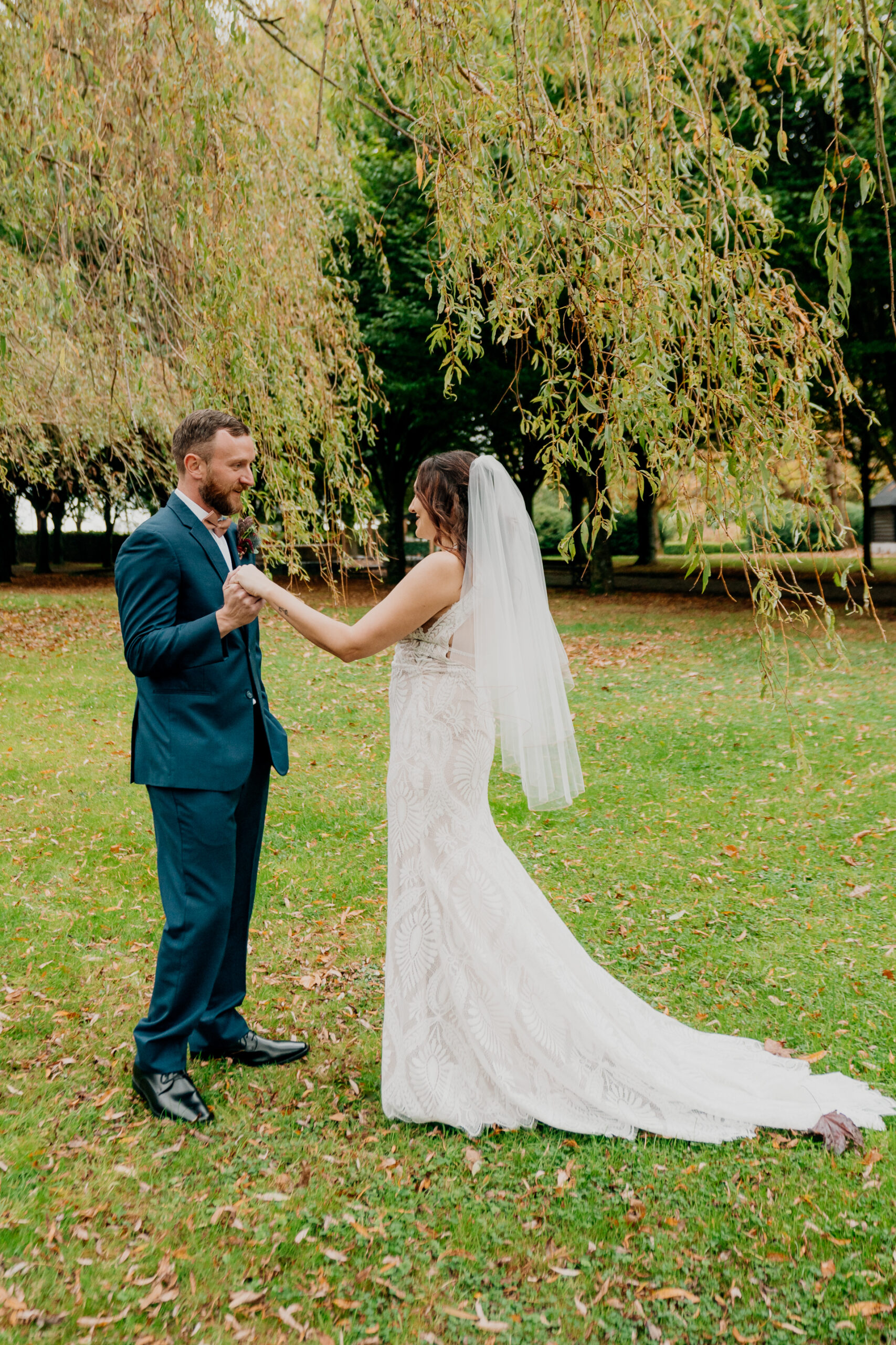 Emotional first look between bride and groom at Barberstown Castle.