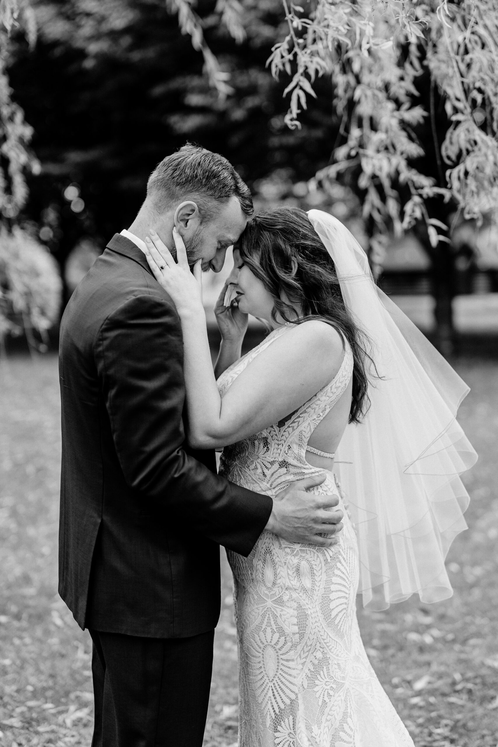 Emotional first look between bride and groom at Barberstown Castle.