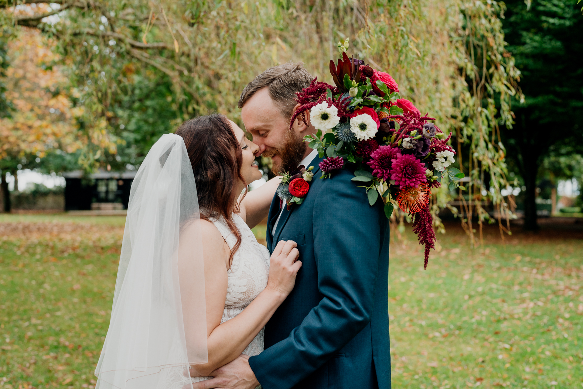 Bride and groom's romantic photo session in the garden of Barberstown Castle.