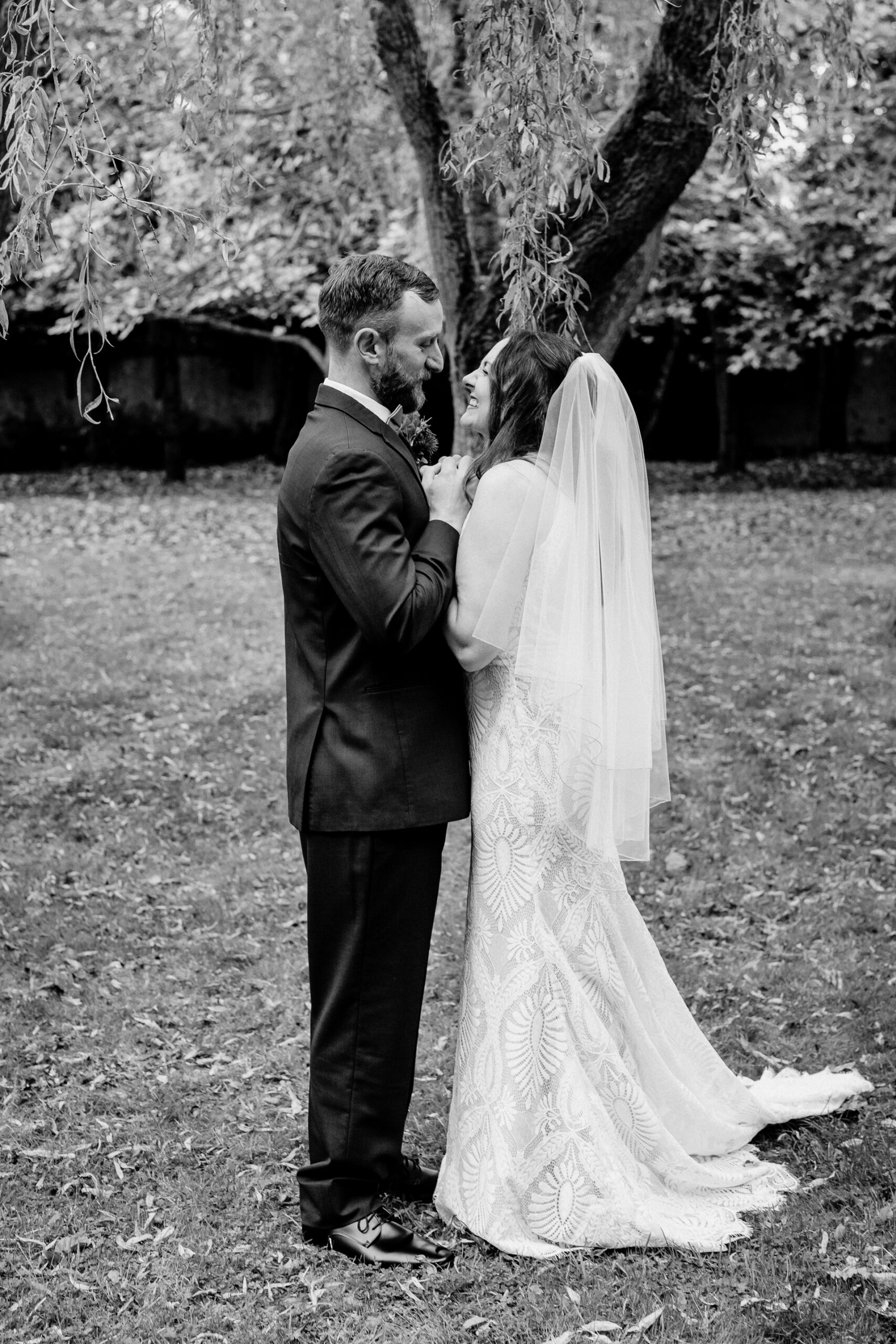 Bride and groom's romantic photo session in the garden of Barberstown Castle.