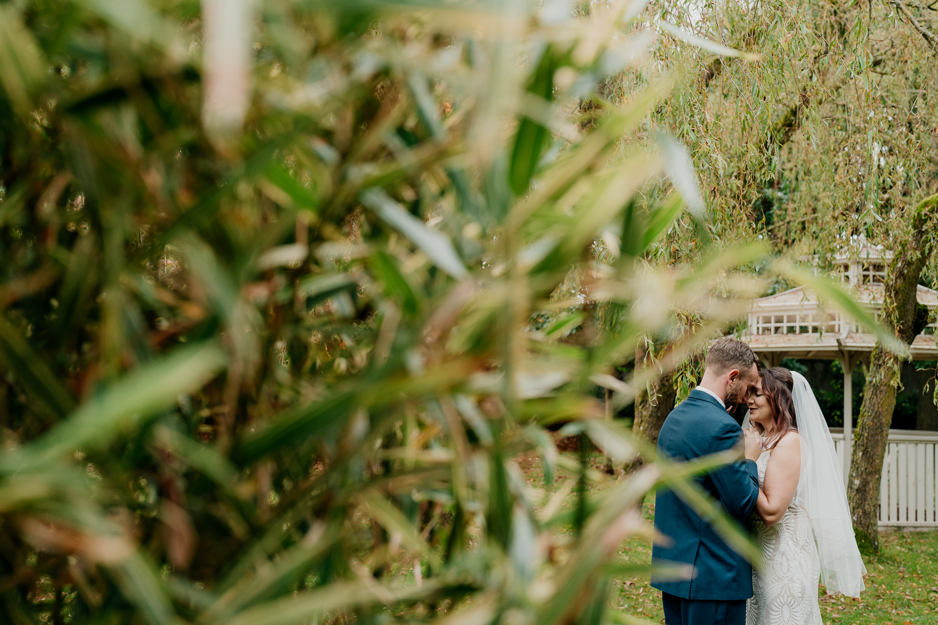 Bride and groom's romantic photo session in the garden of Barberstown Castle.