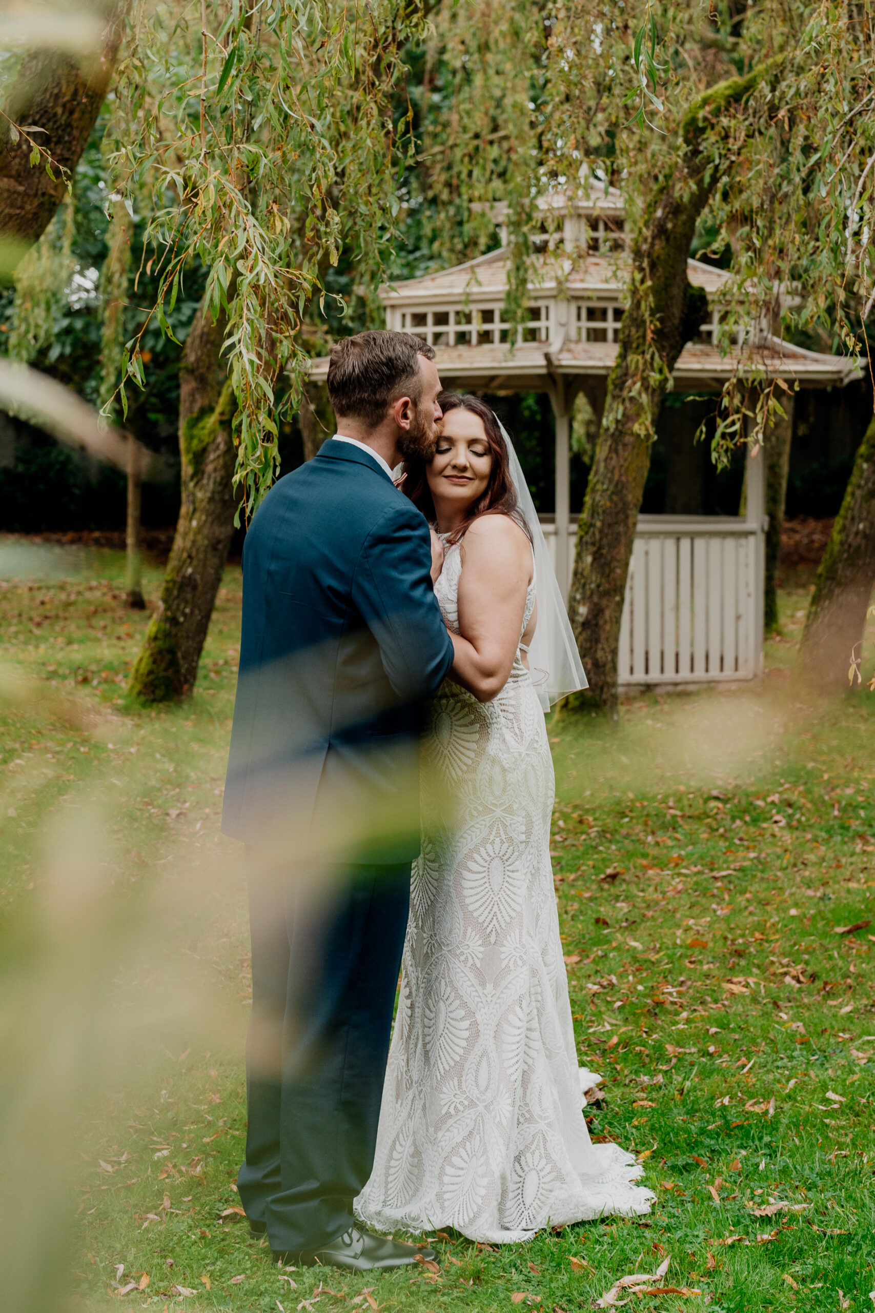 Bride and groom's romantic photo session in the garden of Barberstown Castle.