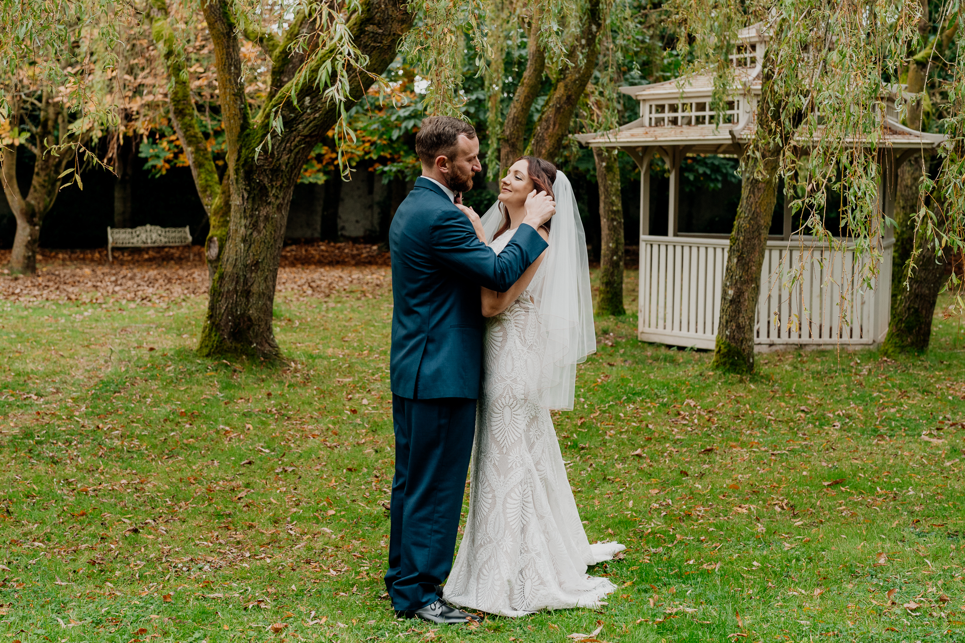 Bride and groom's romantic photo session in the garden of Barberstown Castle.