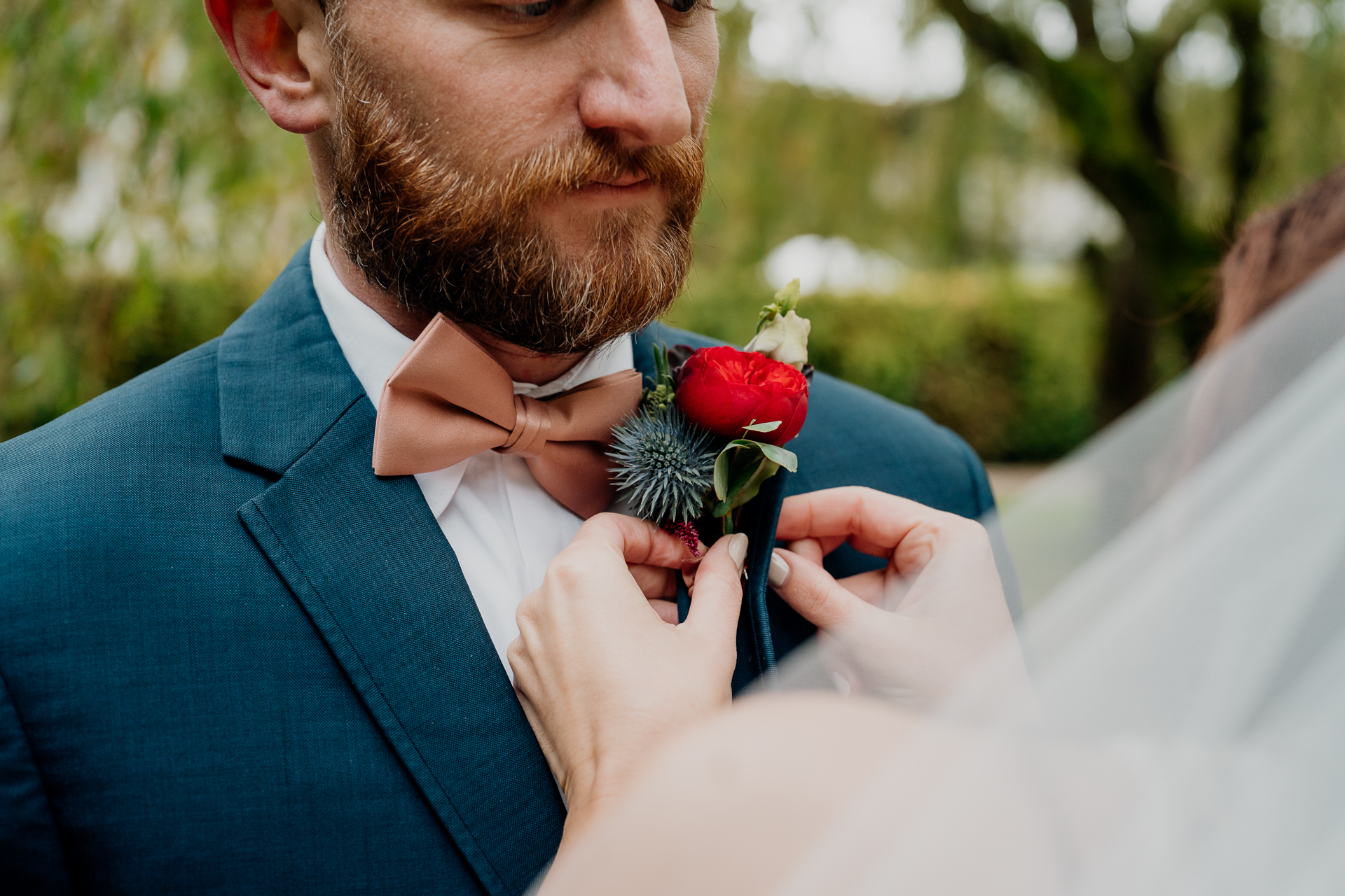 Bride and groom's romantic photo session in the garden of Barberstown Castle.