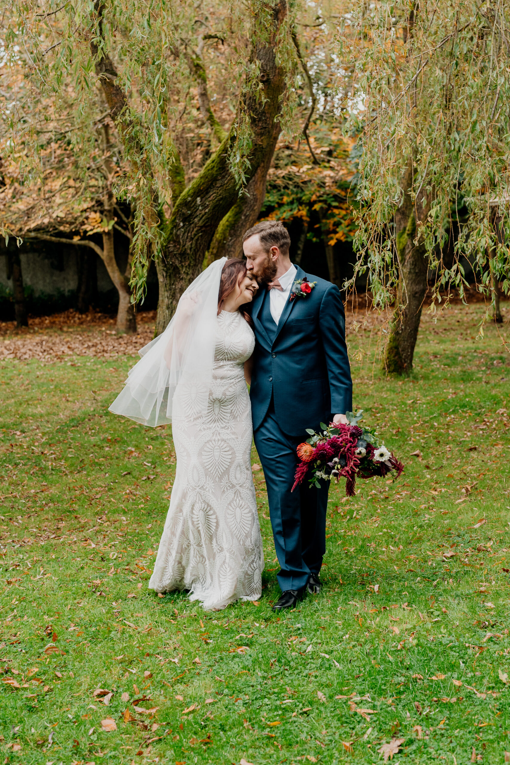 Bride and groom's romantic photo session in the garden of Barberstown Castle.