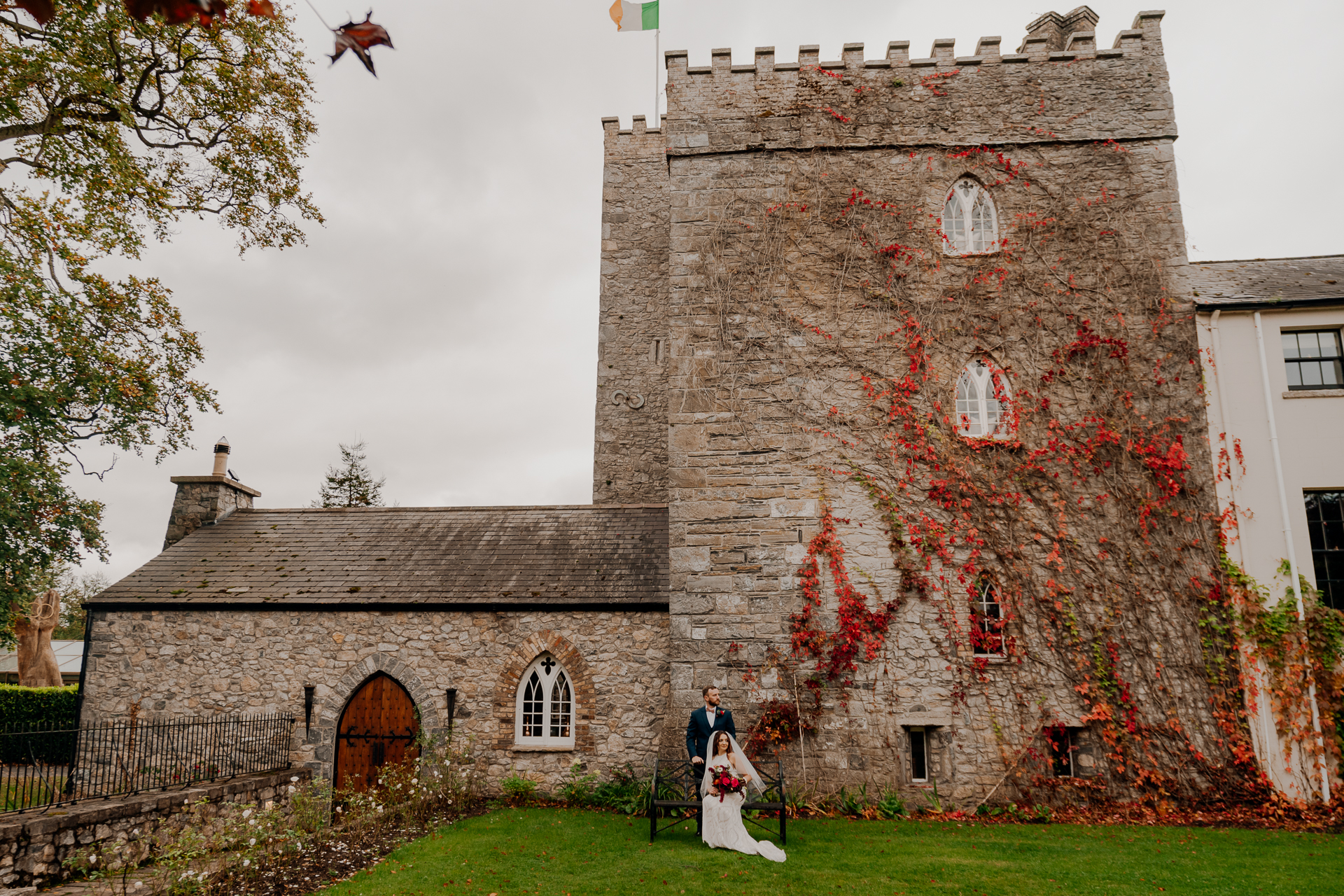 Bride and groom's romantic photo session in the garden of Barberstown Castle.