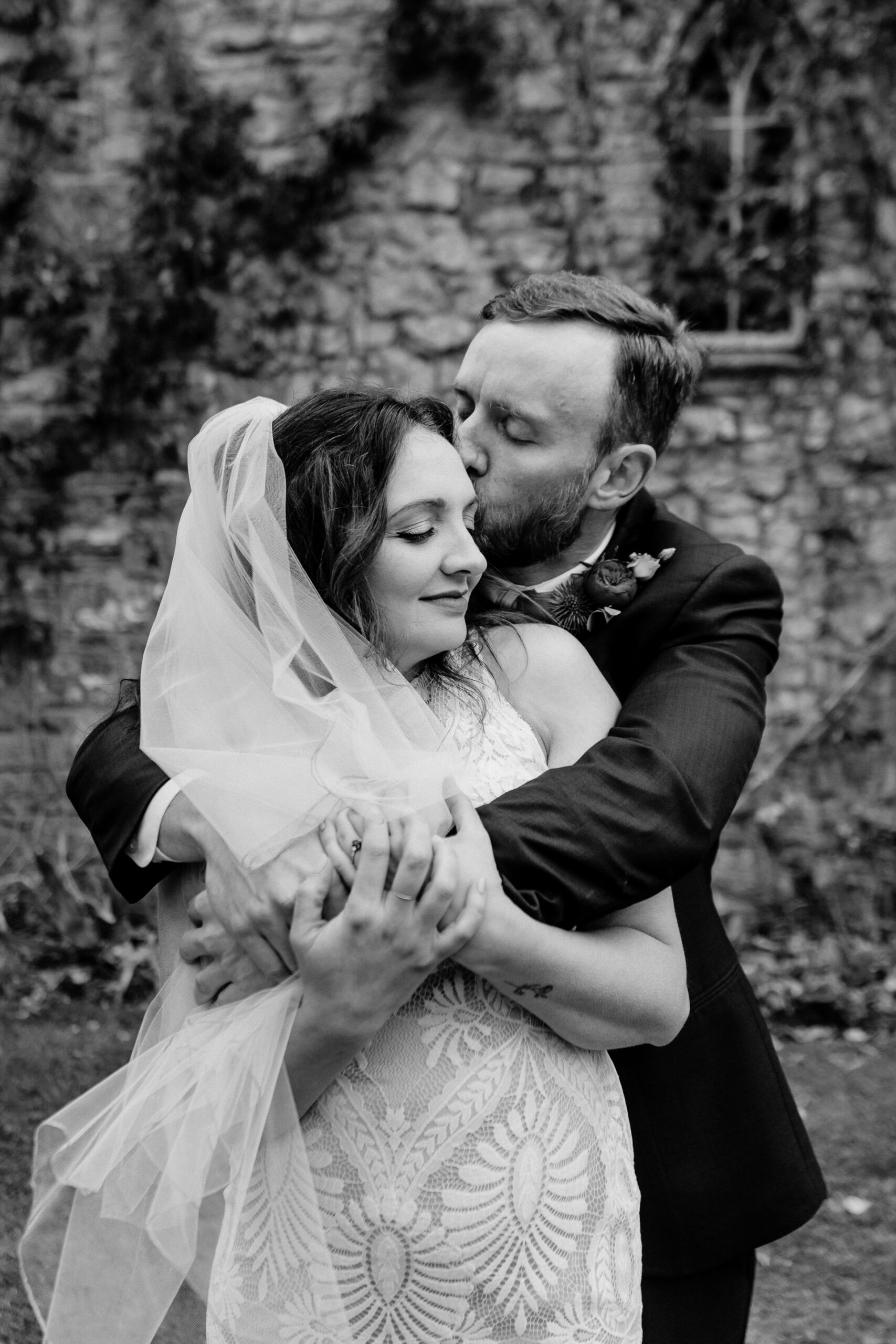 Bride and groom's romantic photo session in the garden of Barberstown Castle.