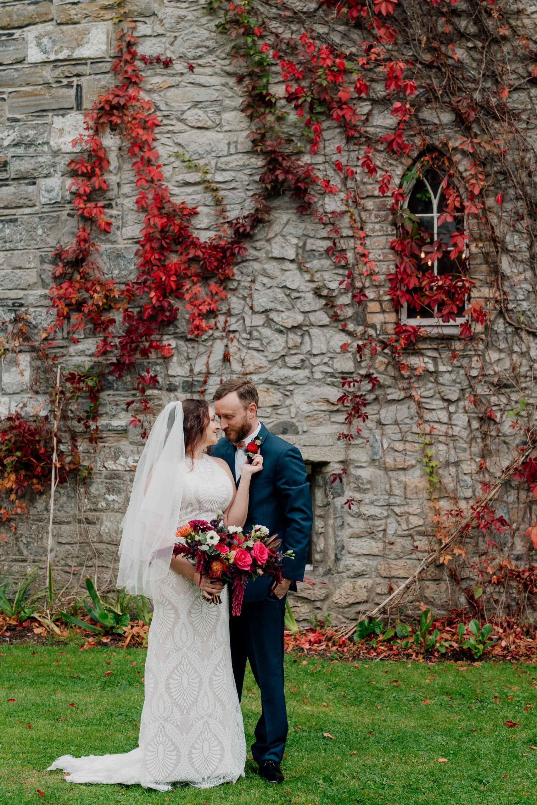 Bride and groom's romantic photo session in the garden of Barberstown Castle.