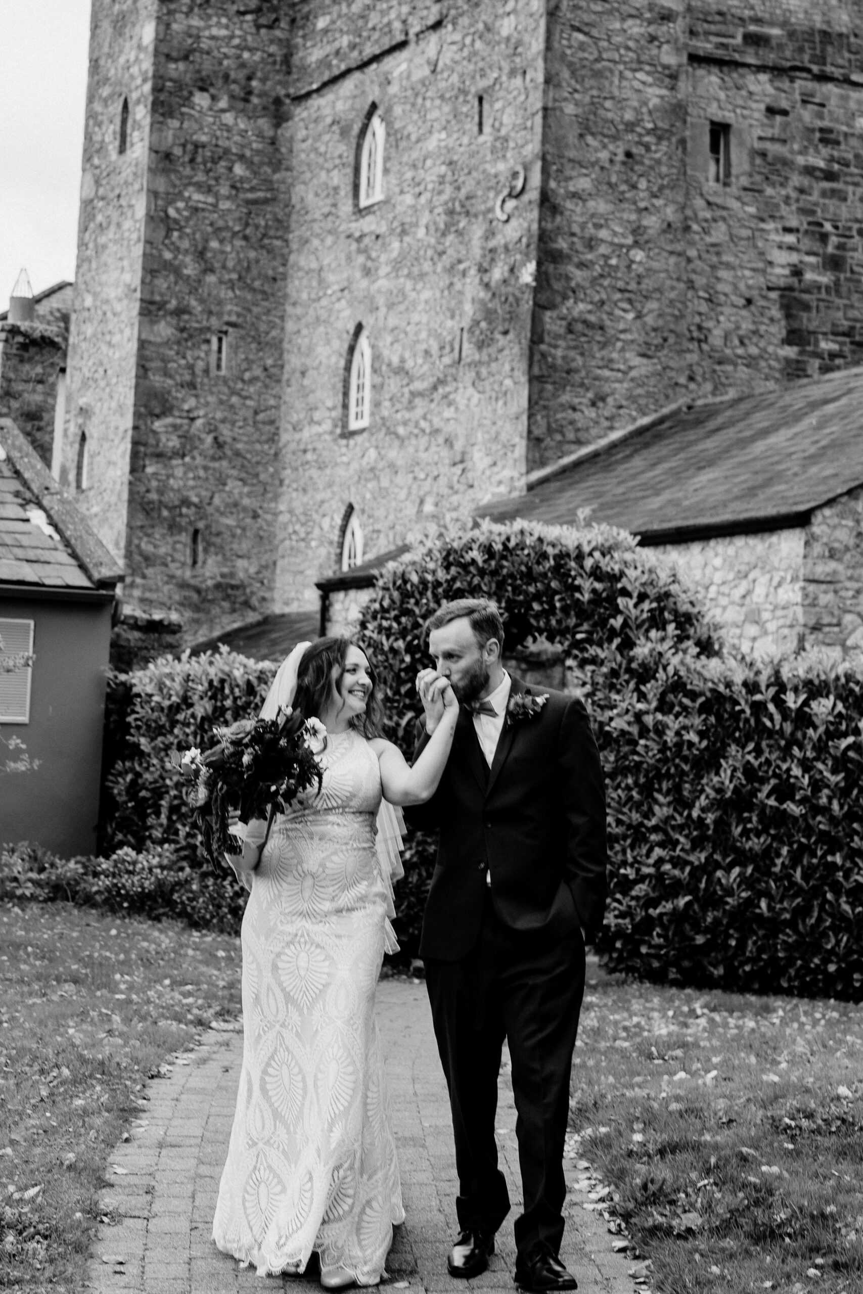 Bride and groom's romantic photo session in the garden of Barberstown Castle.