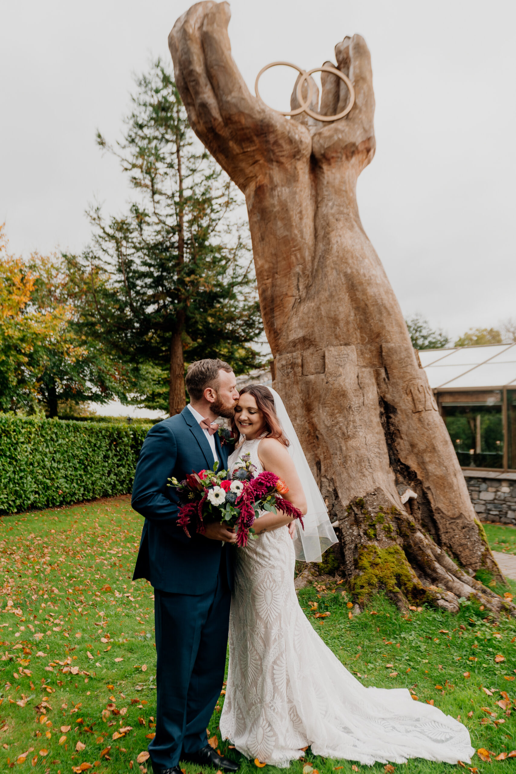 Bride and groom's romantic photo session in the garden of Barberstown Castle.